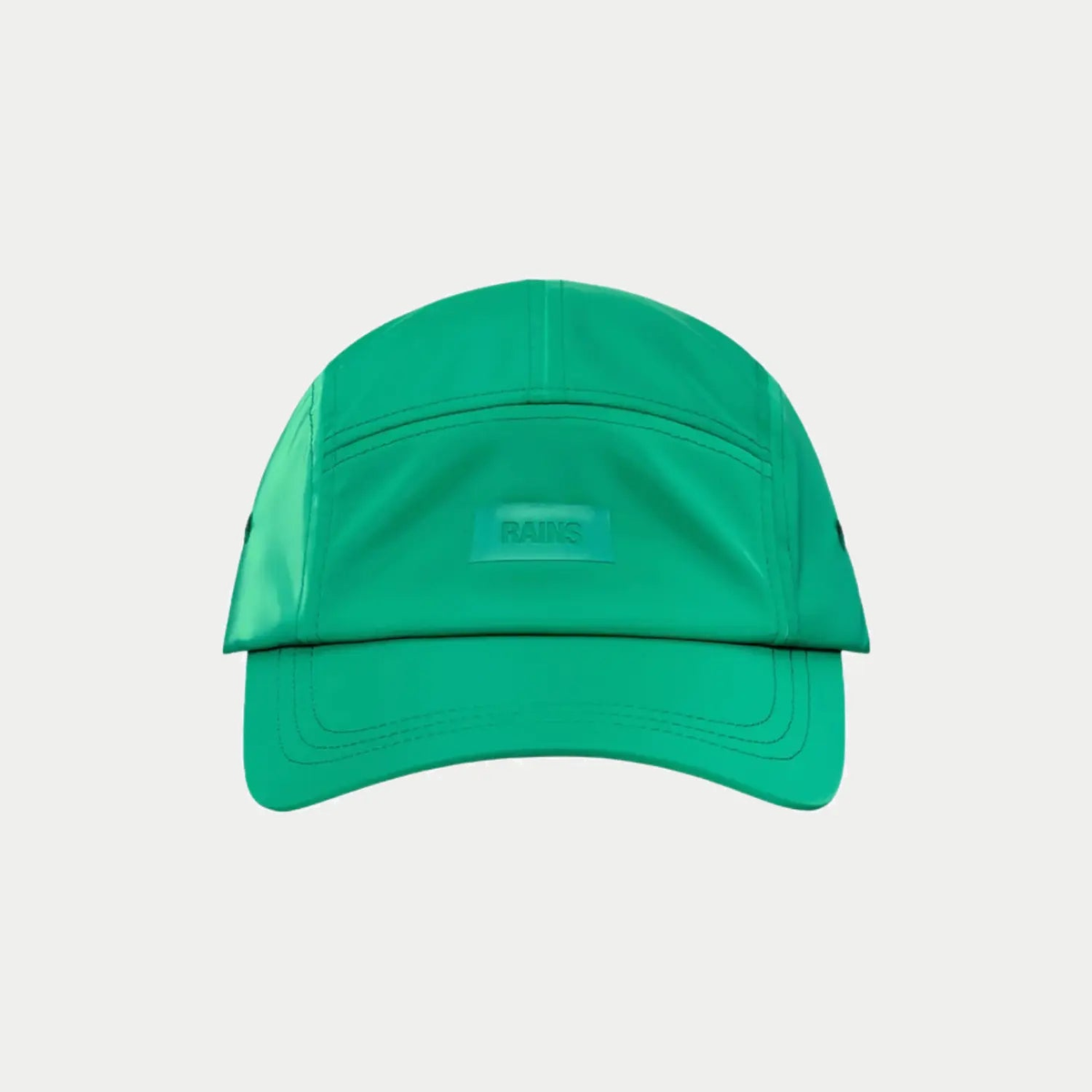 5 Panel Cap Element vert émeraude vue de face, patch RAINS ton sur ton au centre