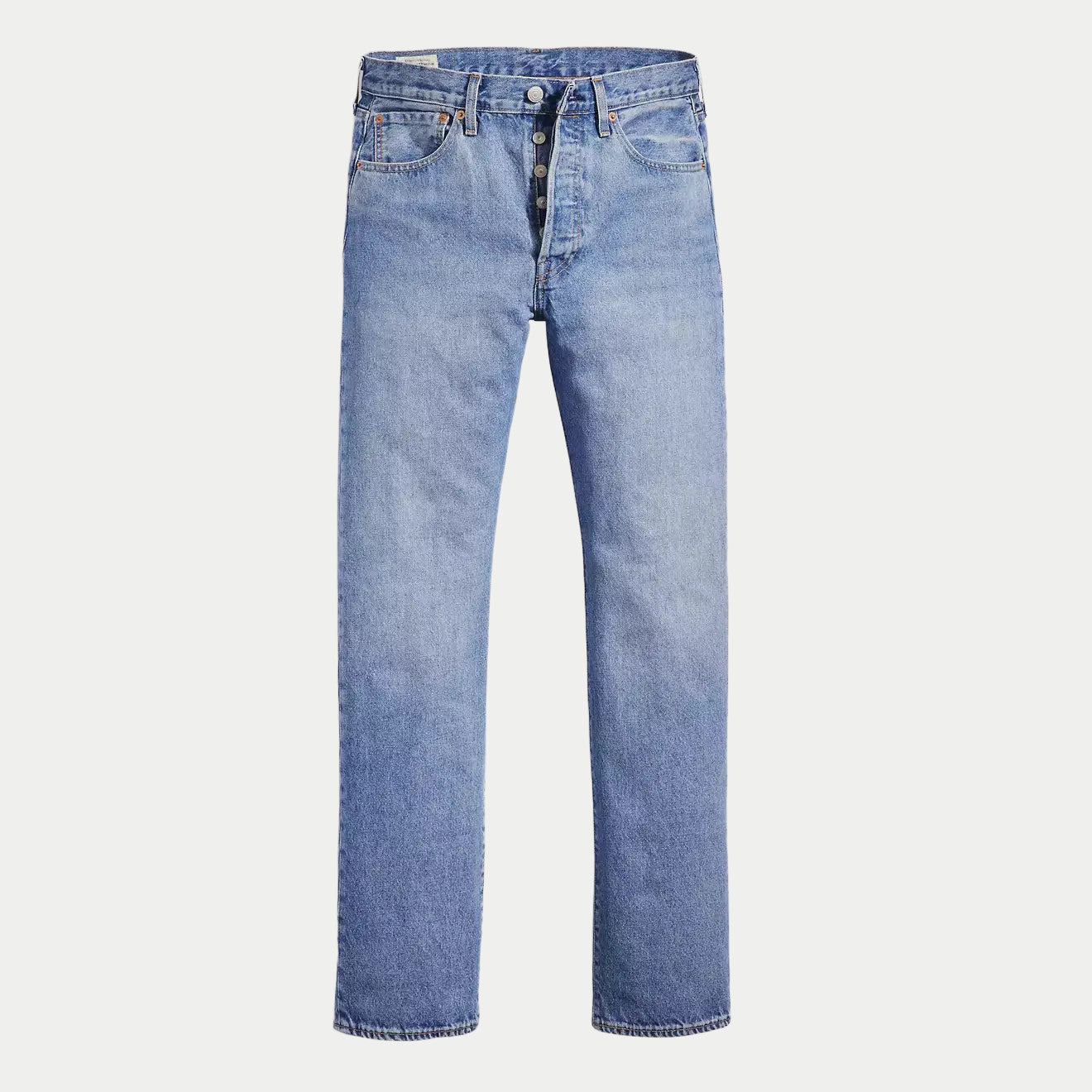 Jean Levi's 501 Original Chemicals, denim bleu moyen délavé, vue à plat face avant, braguette boutonnée et montage 5 poches