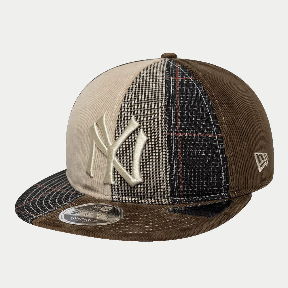 Casquette 9Fifty Retro Crown New York Yankees Patchwork marron New Era - trois-quarts avant, panneaux velours côtelé et carreaux