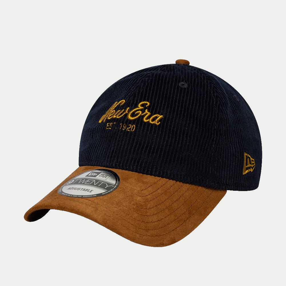 Casquette 9Twenty Cord Mix bleu marine et marron New Era - trois-quarts avant, script New Era doré et visière caramel