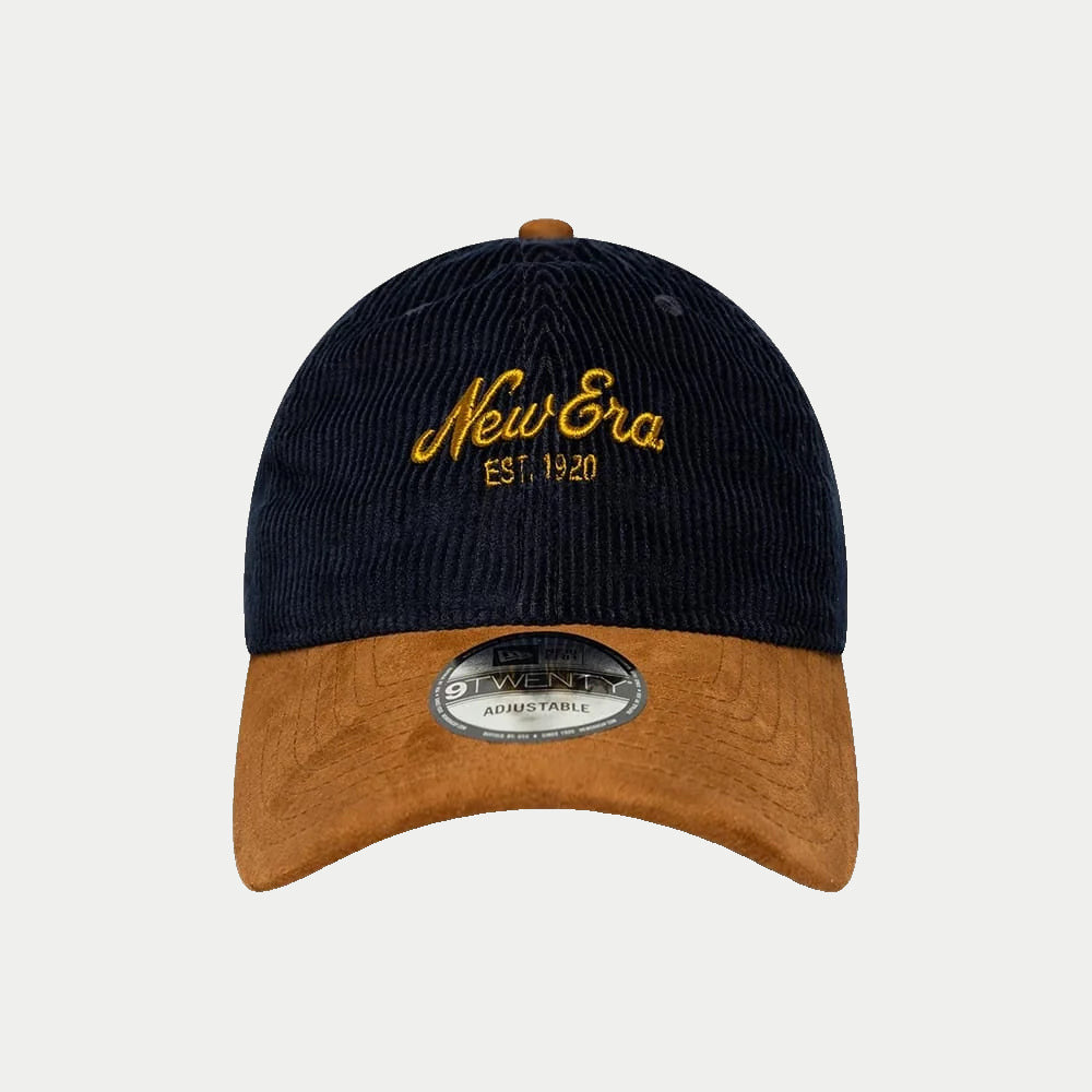 Casquette 9Twenty Cord Mix bleu marine et marron New Era - face avant, broderie New Era EST. 1920 sur velours côtelé