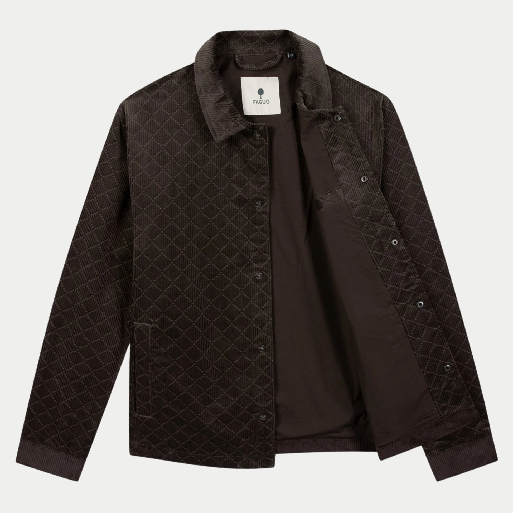 Veste Sologne chocolat Faguo ouverte : doublure intérieure et poche poitrine intérieure, étiquette FAGUO