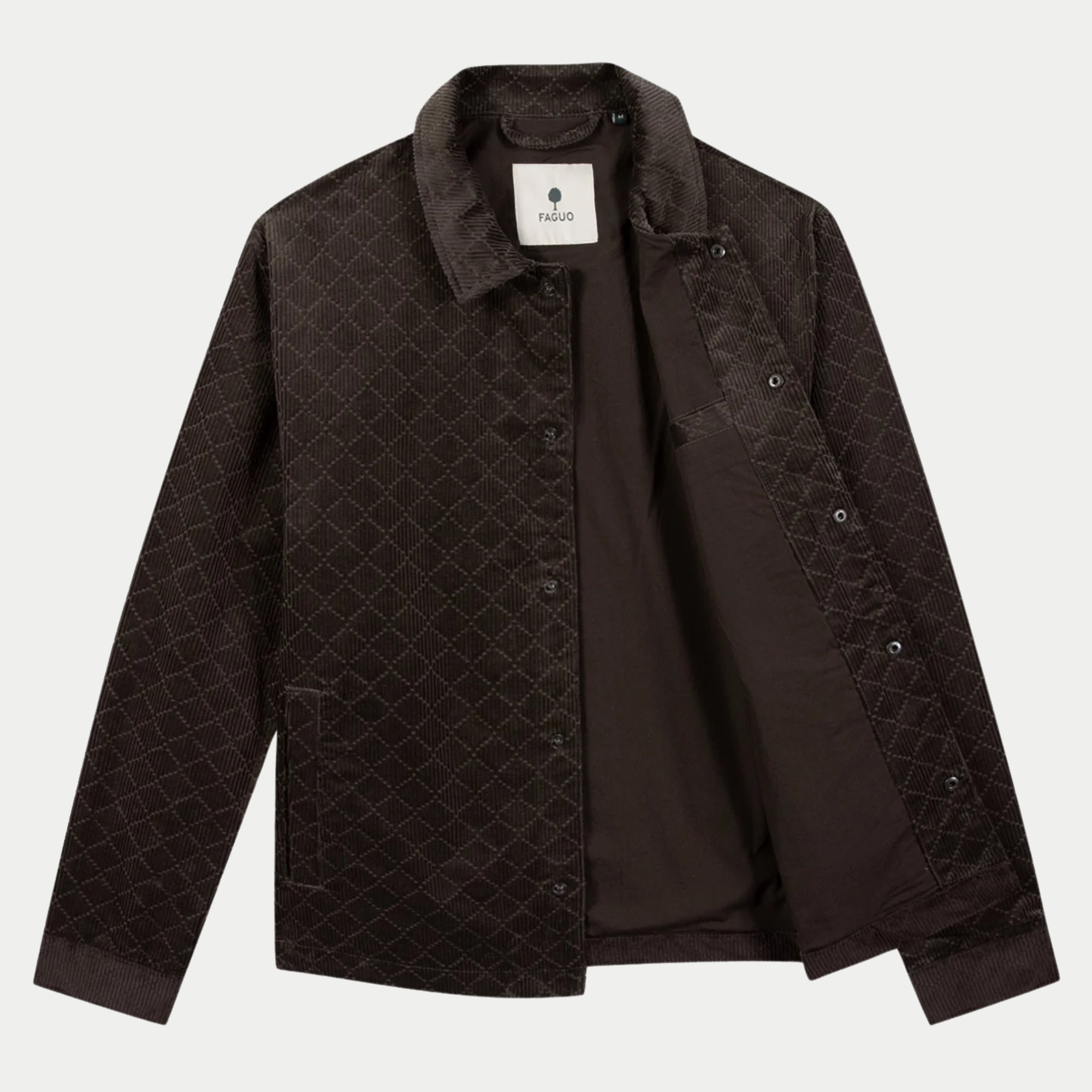 Veste Sologne chocolat Faguo ouverte : doublure intérieure et poche poitrine intérieure, étiquette FAGUO