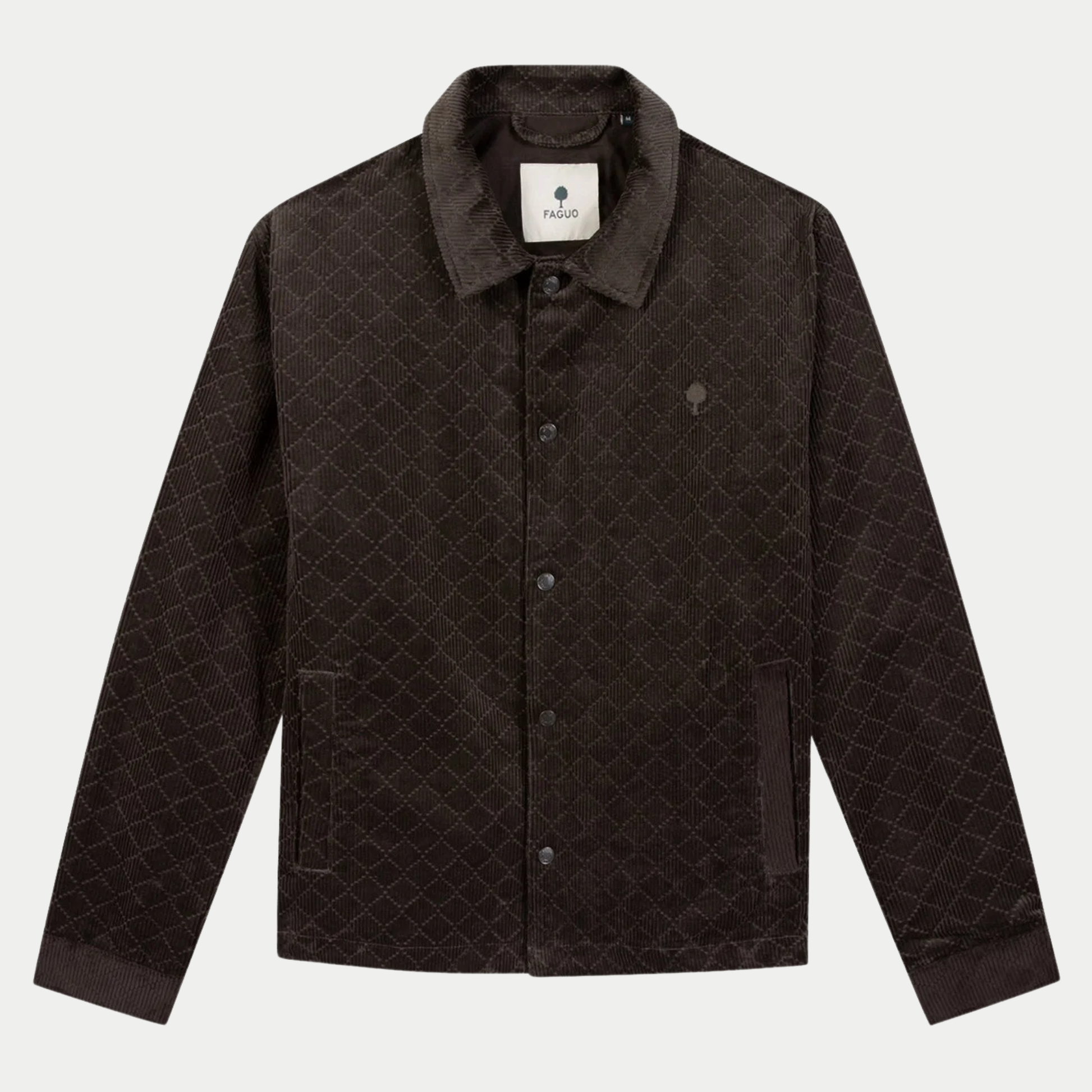 Veste Sologne chocolat Faguo, packshot de face : velours côtelé à motif losange, col chemise et boutons pression