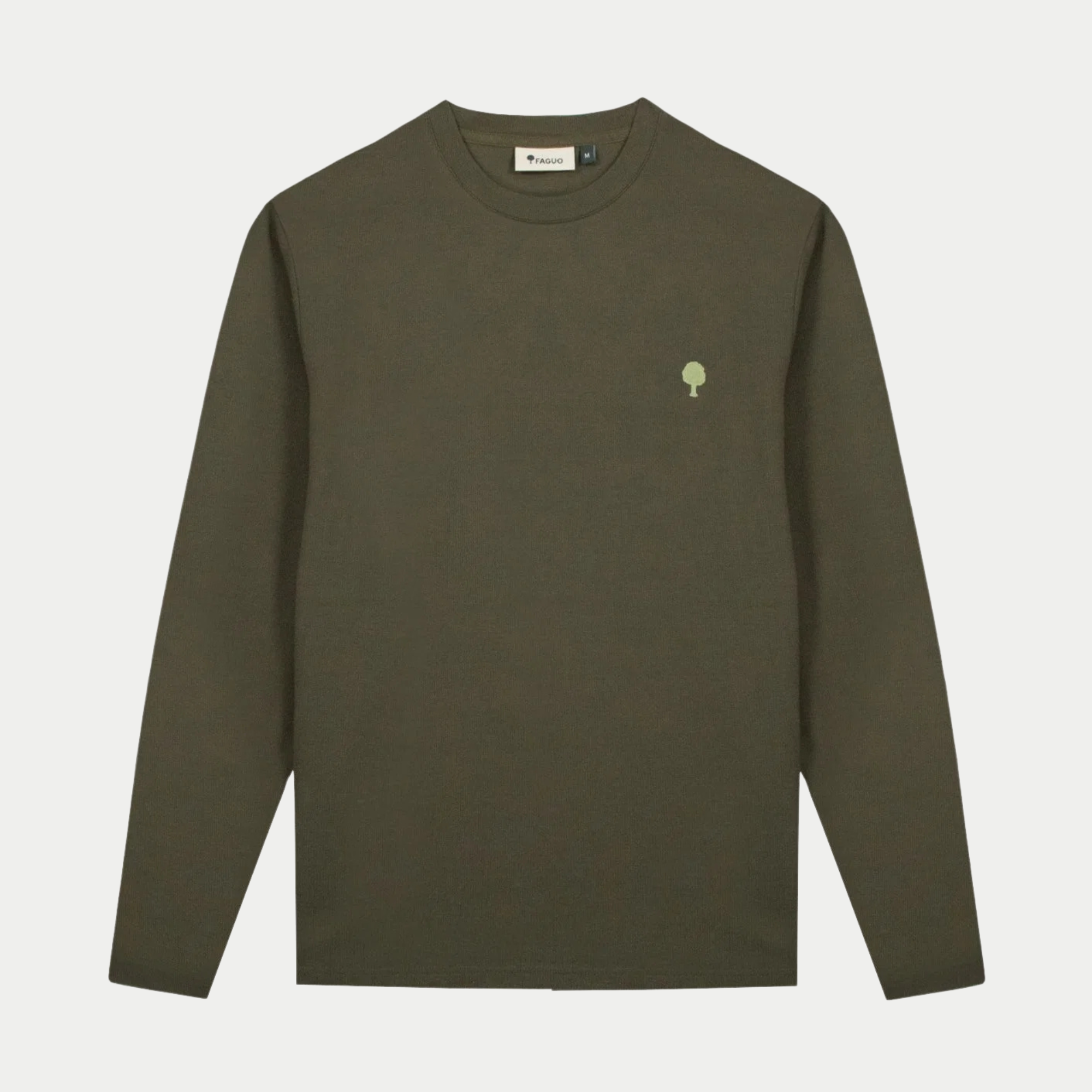 T-shirt manches longues Bailly kaki Faguo vu de face, col rond et arbre brodé vert clair