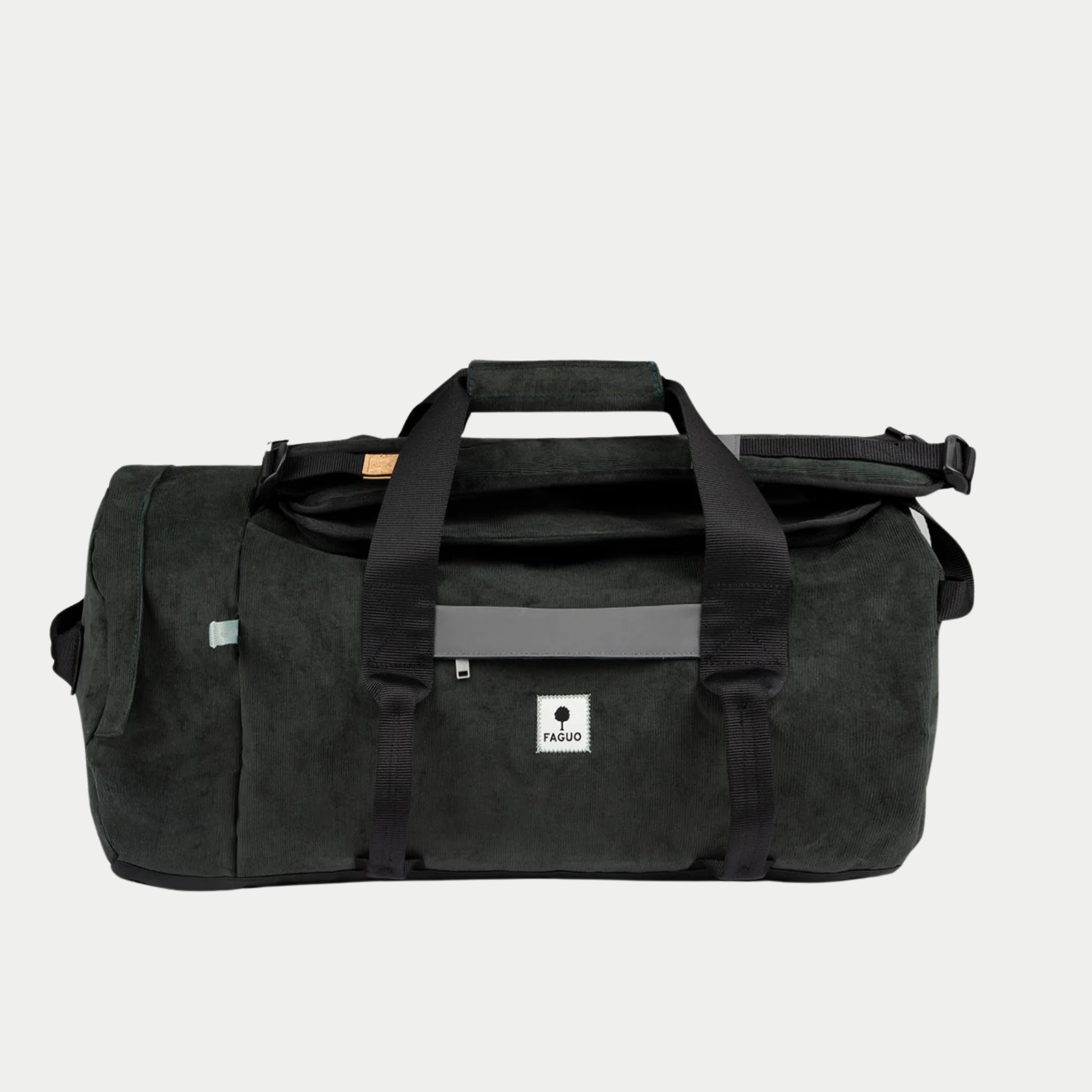 Sac de voyage Big Duffle Faguo vert foncé en velours côtelé, face avant avec bande réfléchissante et anses noires