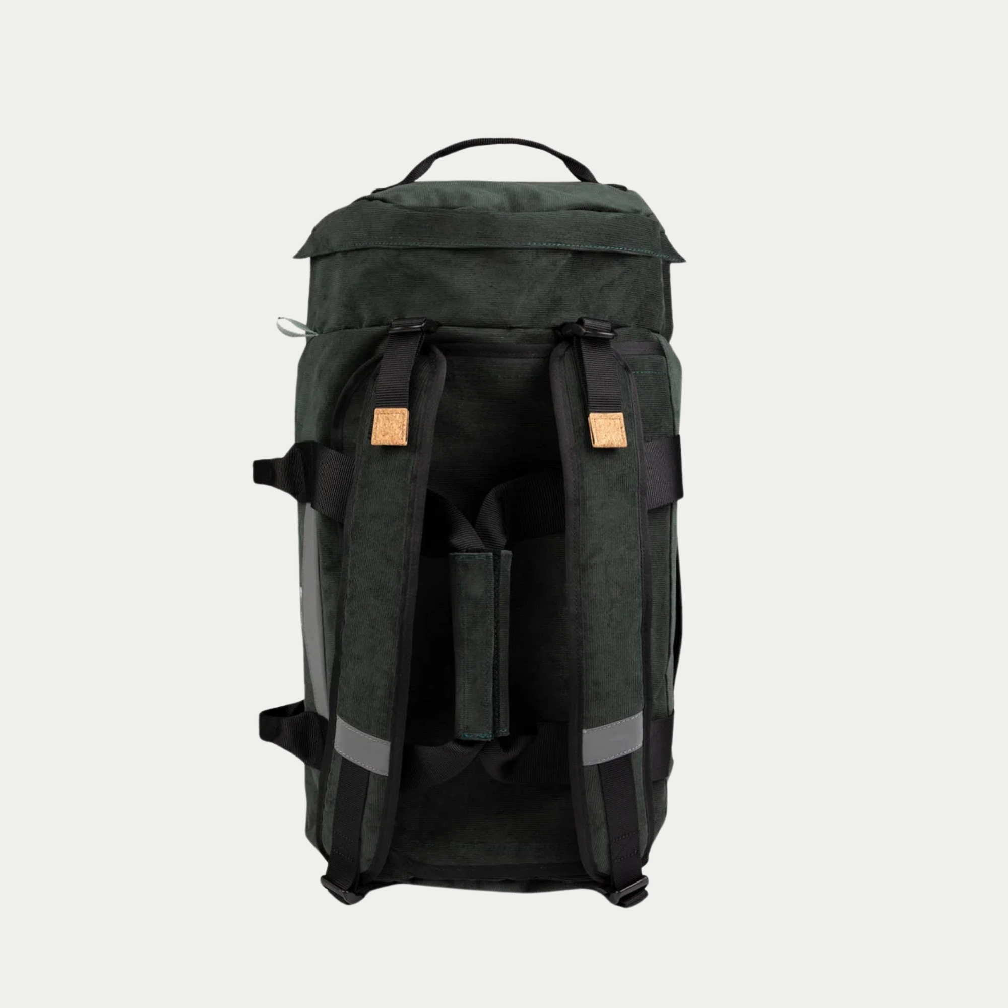Big Duffle Faguo vert foncé vu de dos, bretelles matelassées de sac à dos, bandes réfléchissantes et patchs liège