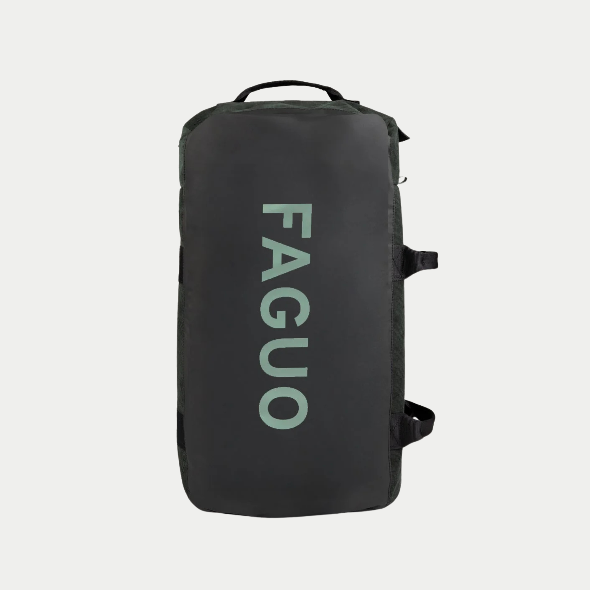 Dos du Big Duffle Faguo vert foncé fermé par son rabat en toile enduite gris anthracite au logo FAGUO vert d’eau