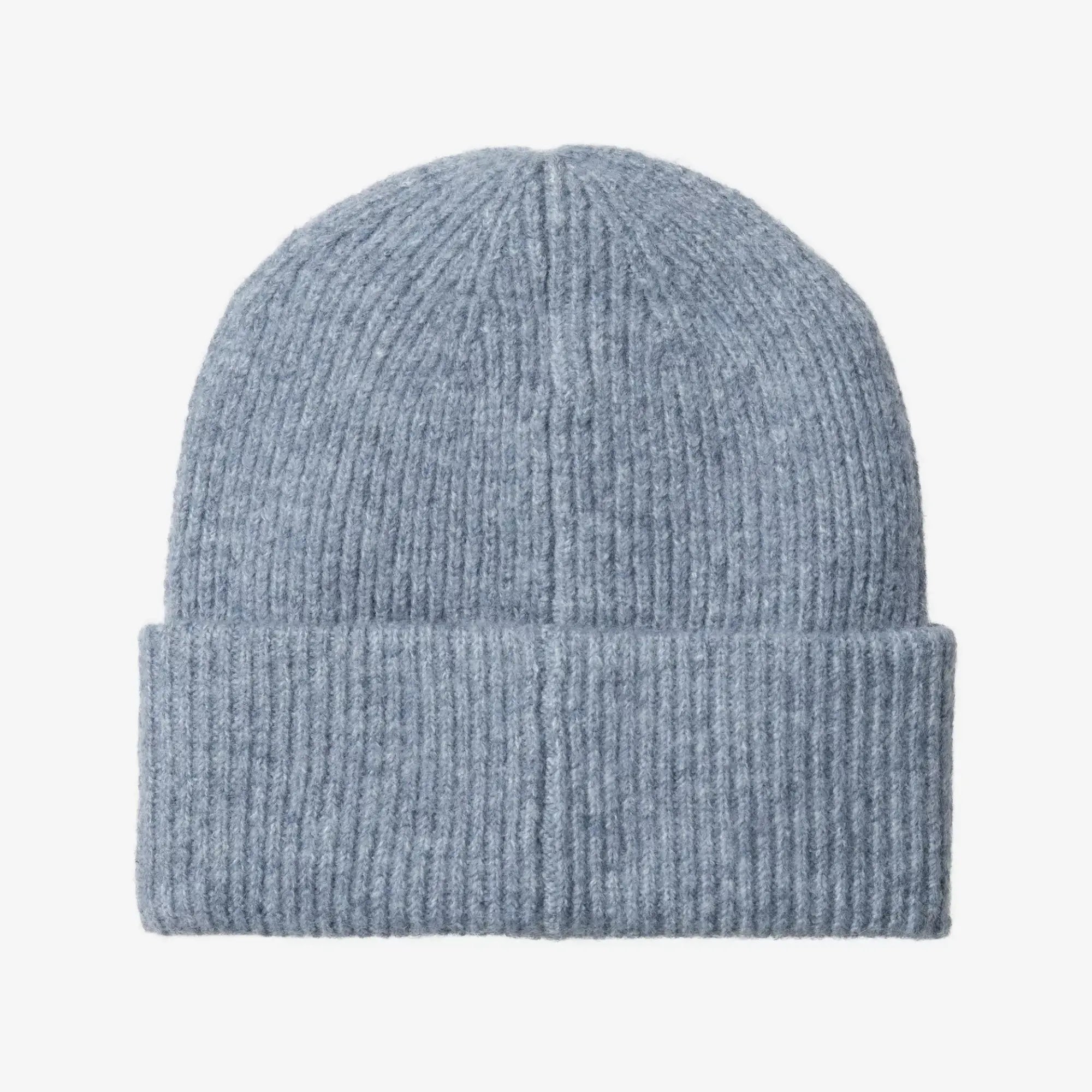 Bonnet Curtis Shady Blue Carhartt WIP vu de dos, maille côtelée bleu gris clair chiné, revers large sans logo