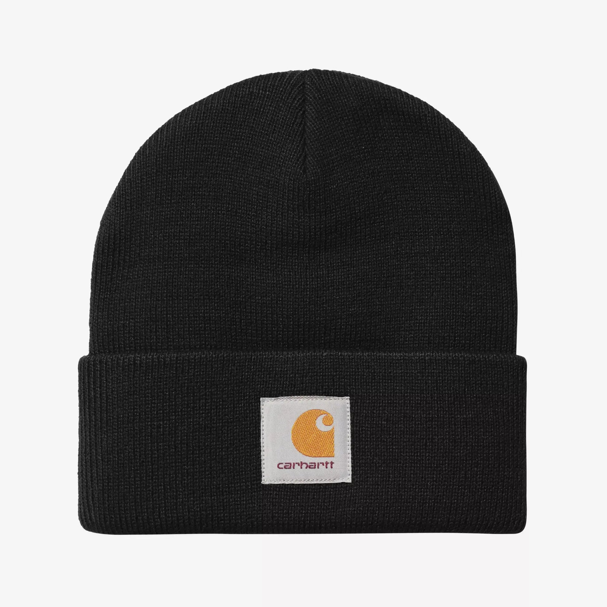 Bonnet Short Watch noir Carhartt WIP, vue de face : maille acrylique côtelée et étiquette tissée sur le revers