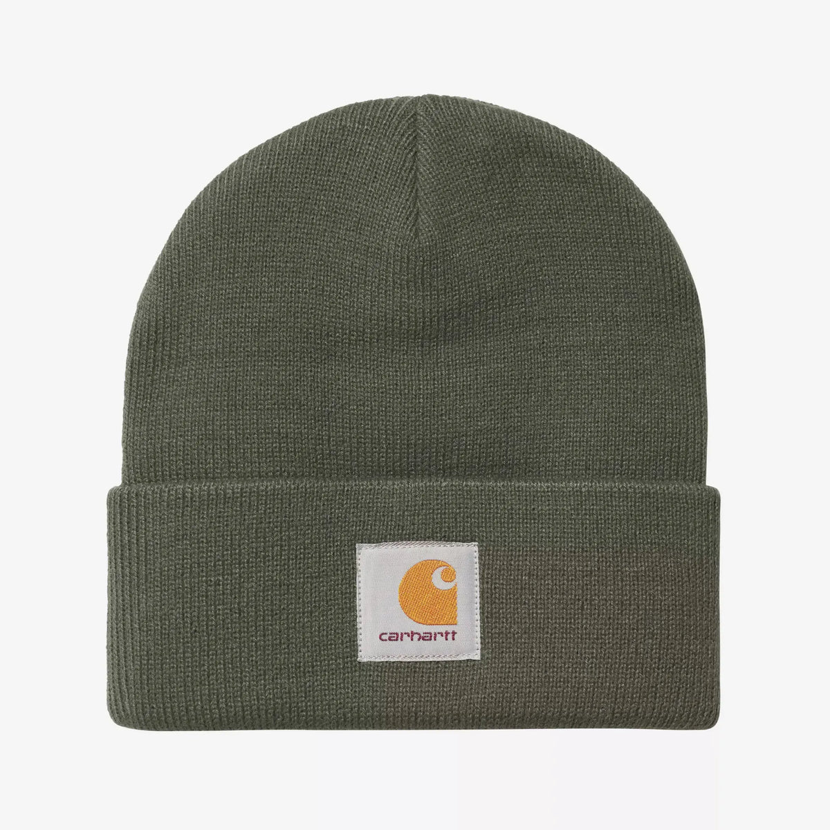 Bonnet Short Watch Shungite Carhartt WIP, vue de face : maille côtelée vert kaki grisé et étiquette tissée sur le revers