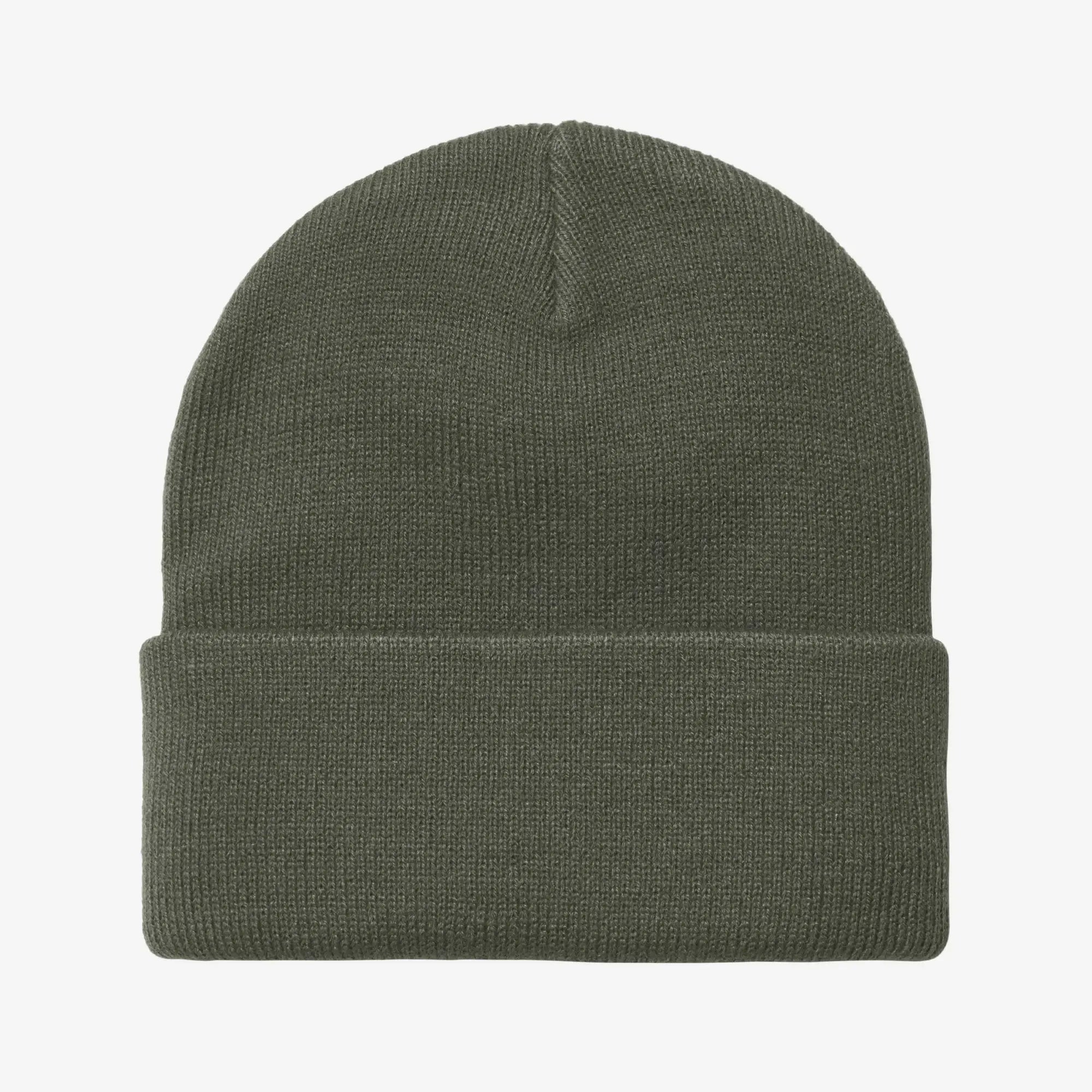 Bonnet Short Watch Shungite Carhartt WIP, vue de dos : revers côtelé uni en maille acrylique vert kaki grisé, sans étiquette