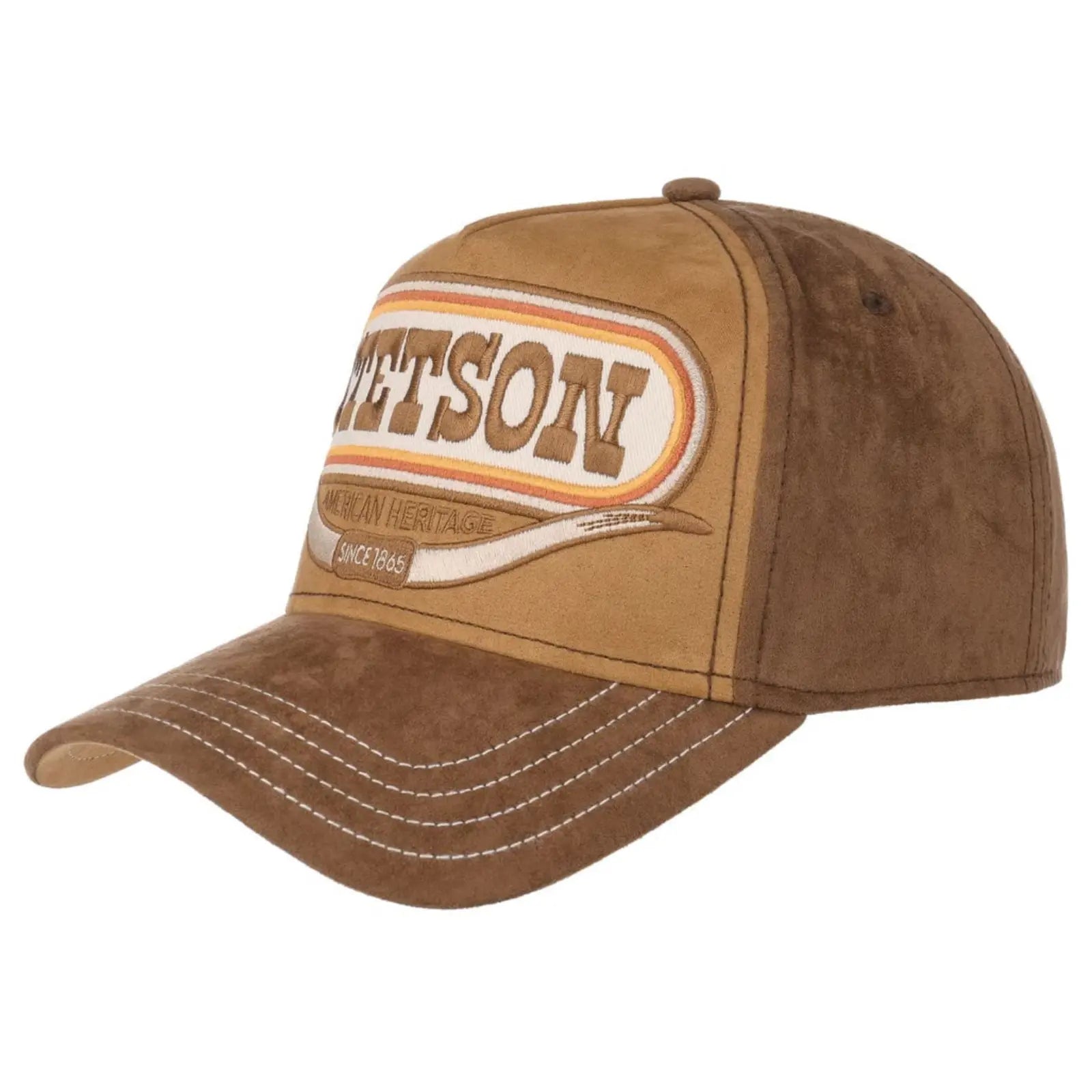 Casquette trucker Stetson Buffalo Horn bicolore camel et marron, patch brodé American Heritage