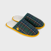 Paire de chaussons mules à carreaux tartan vert et Bleu Marine, passepoil jaune et doublure sherpa écrue