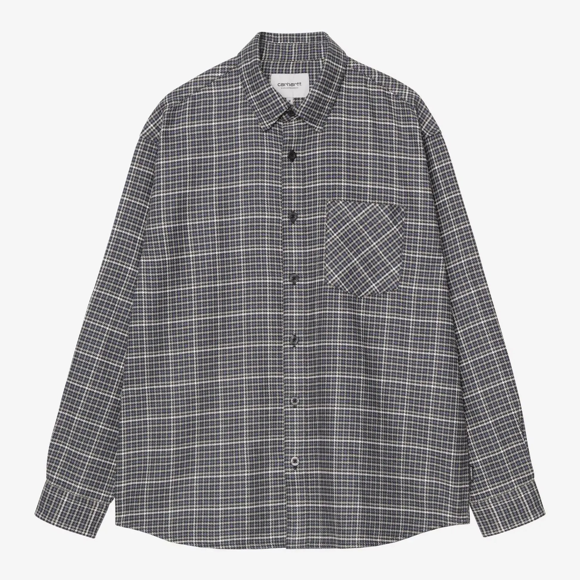 Chemise Carhartt WIP Todrick à carreaux pied-de-poule bleu-gris, vue de face à plat avec poche poitrine