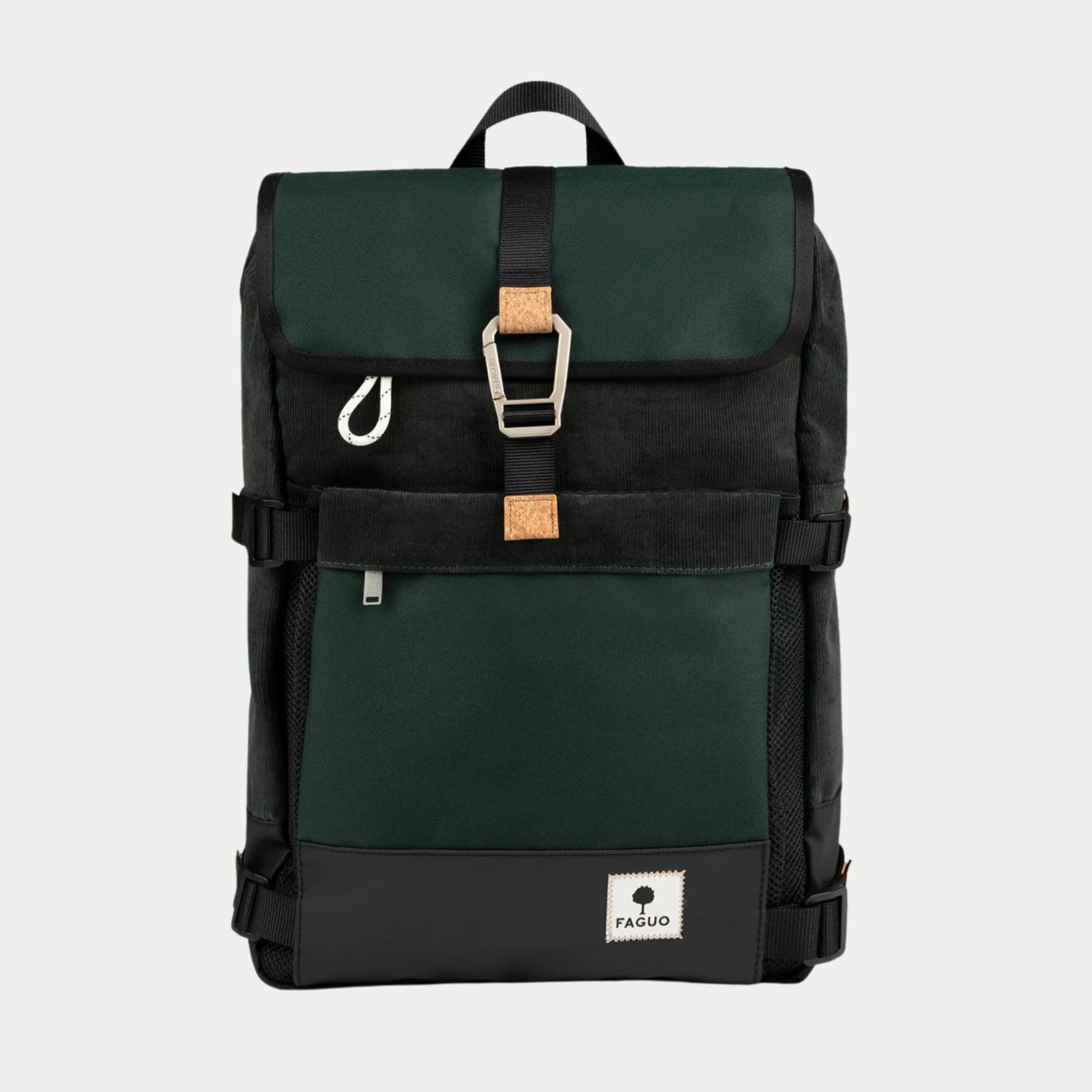 Sac à dos Faguo Commuter 2.0 vert foncé de face, rabat à mousqueton et empiècements en velours côtelé