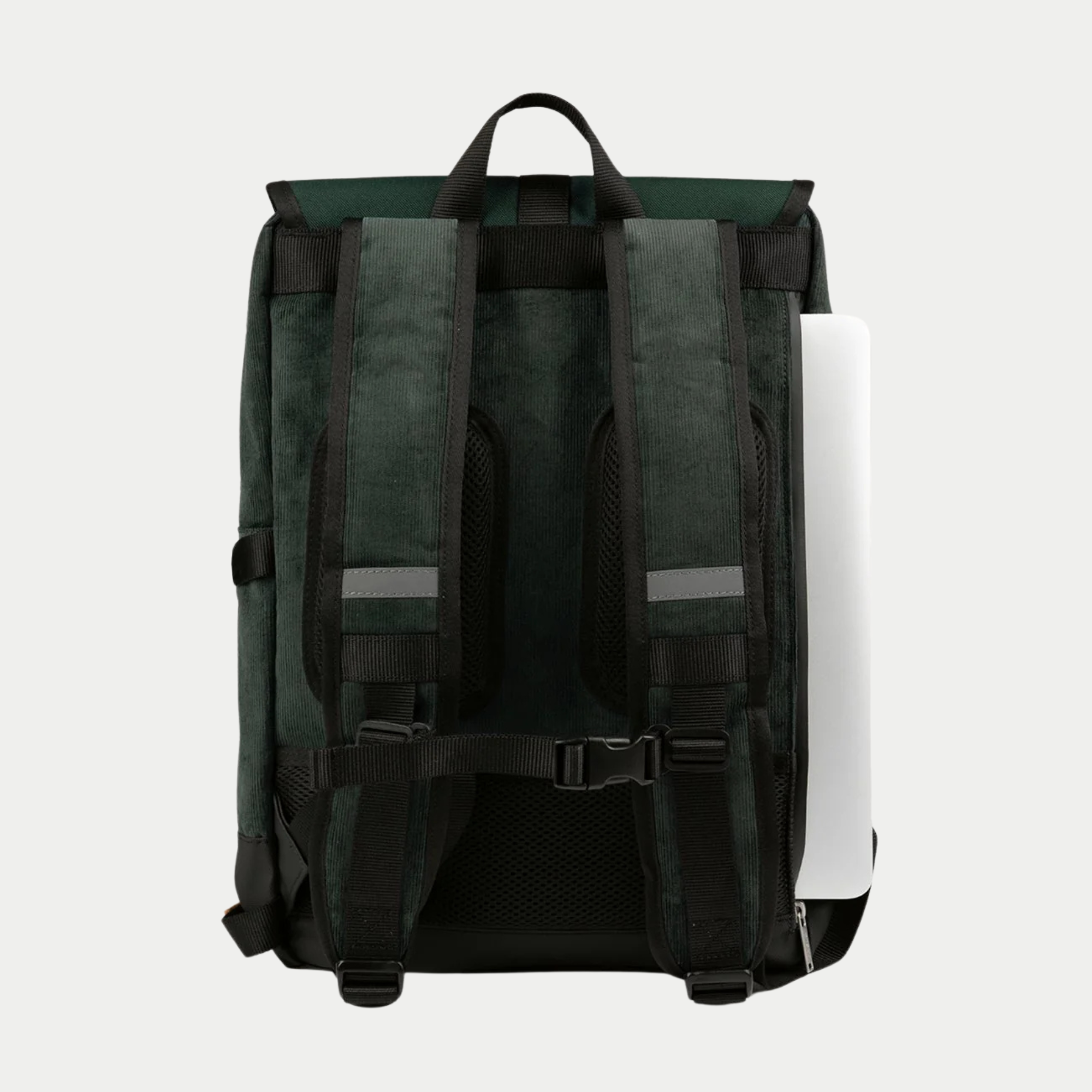 Sac à dos Faguo Commuter 2.0 vert foncé de dos, bretelles matelassées à bandes réfléchissantes et poche ordinateur latérale