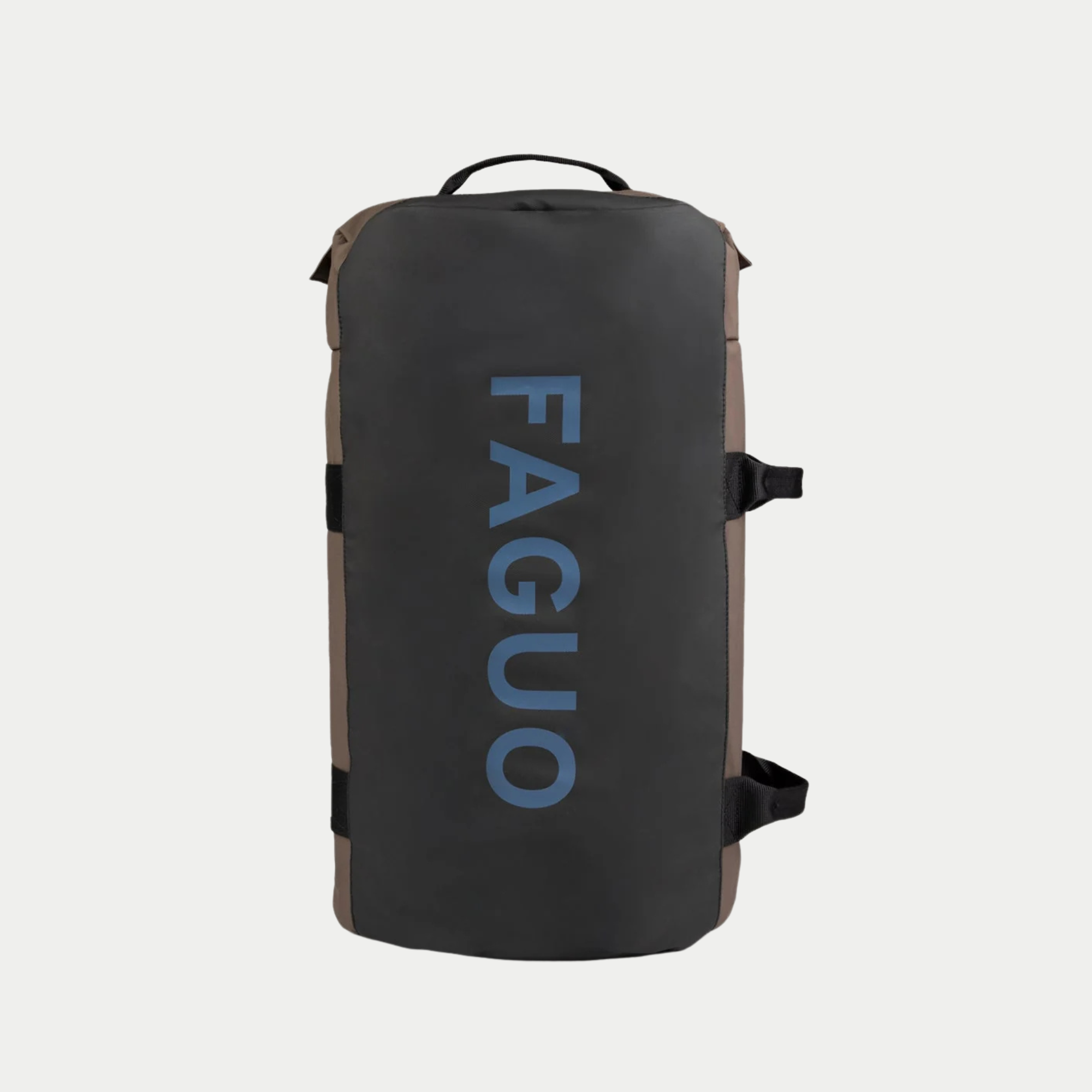 Big Duffle chocolat debout, panneau central noir siglé FAGUO bleu et flancs chocolat