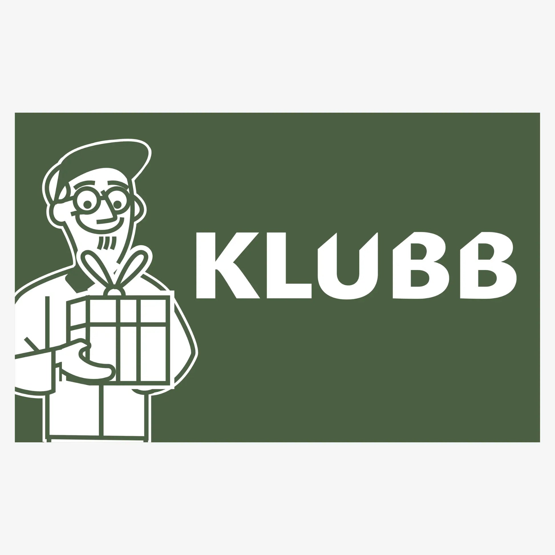 Carte-cadeau Klubb : recto vert, mascotte au béret et lunettes rondes tenant un paquet cadeau, logo KLUBB en blanc