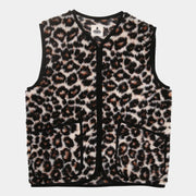 Gilet sans manches en fausse fourrure imprimée léopard, bordures noires, zip central et poches plaquées