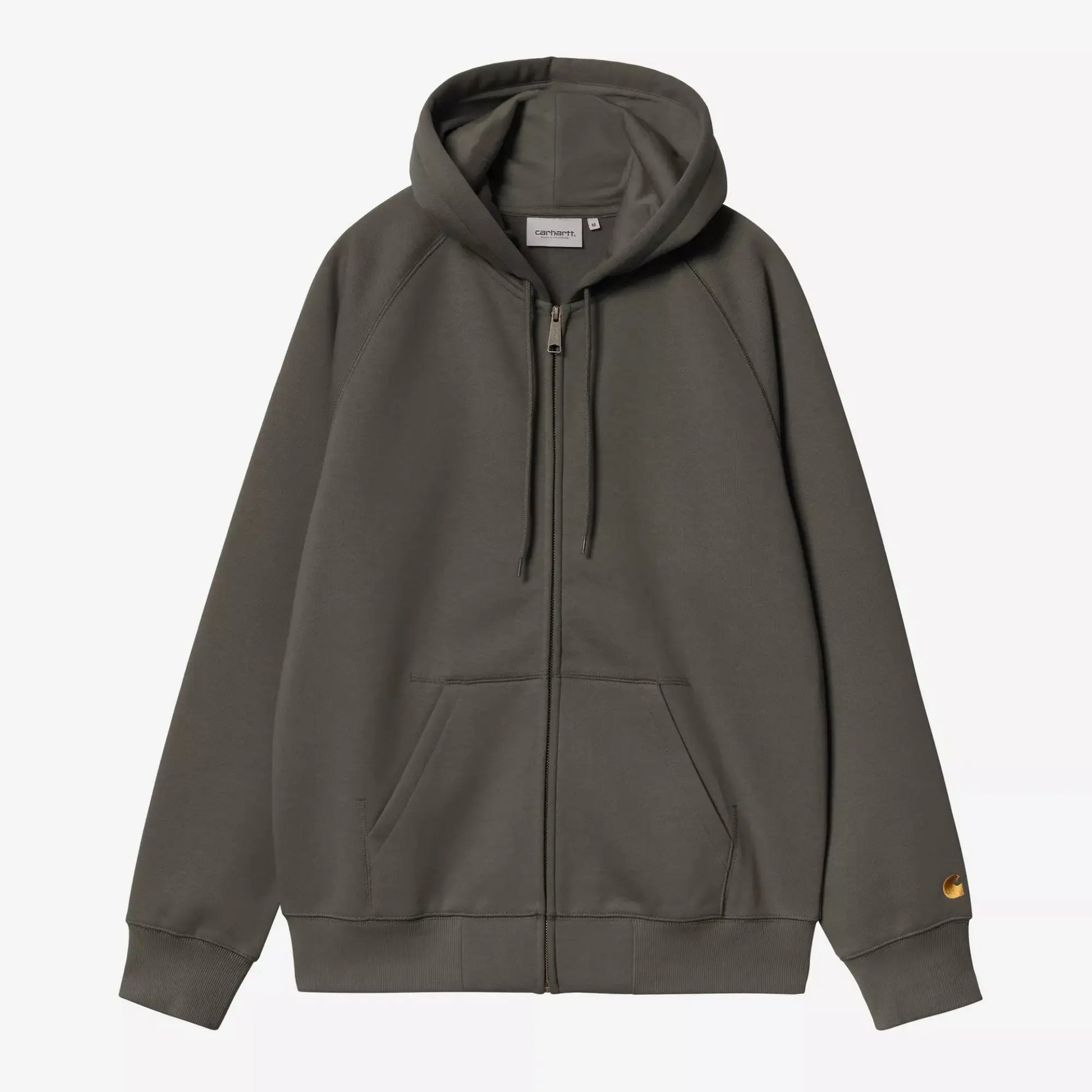 Sweat zippé à capuche Chase Carhartt WIP vert olive grisé, vue de face zip fermé et logo C doré sur la manche