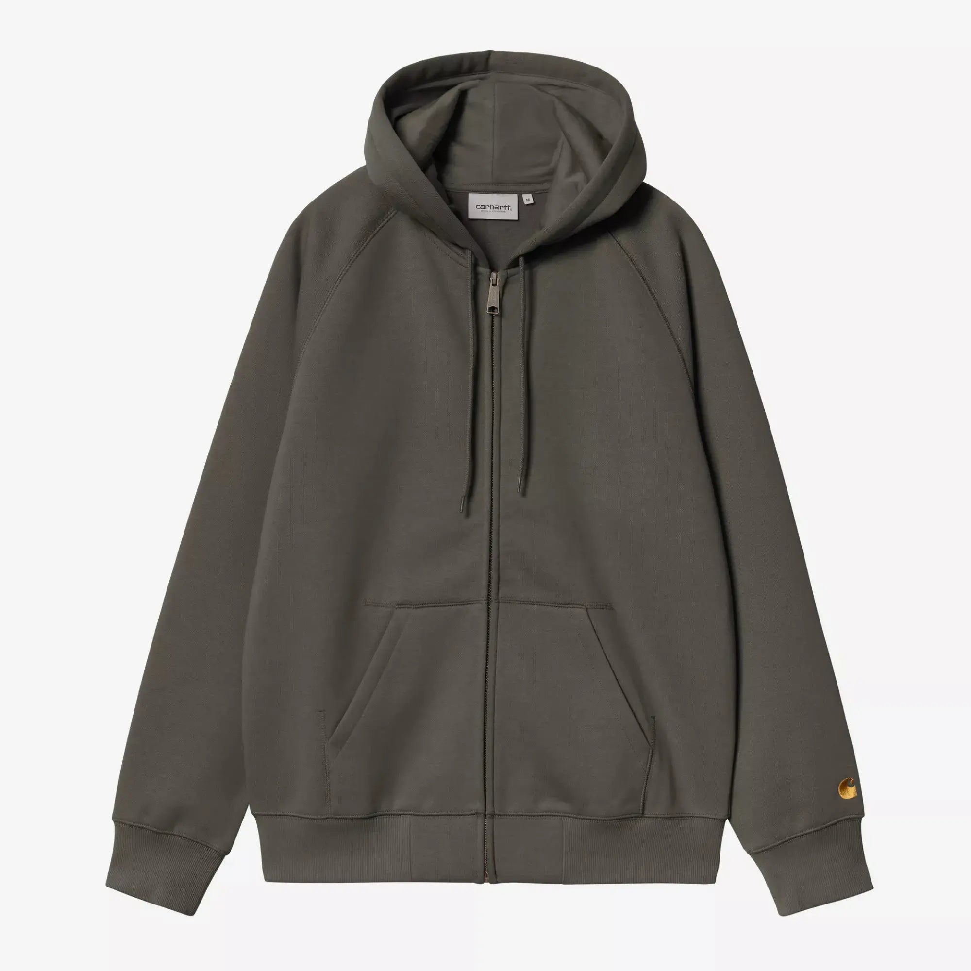 Sweat zippé à capuche Chase Carhartt WIP vert olive grisé, vue de face zip fermé et logo C doré sur la manche