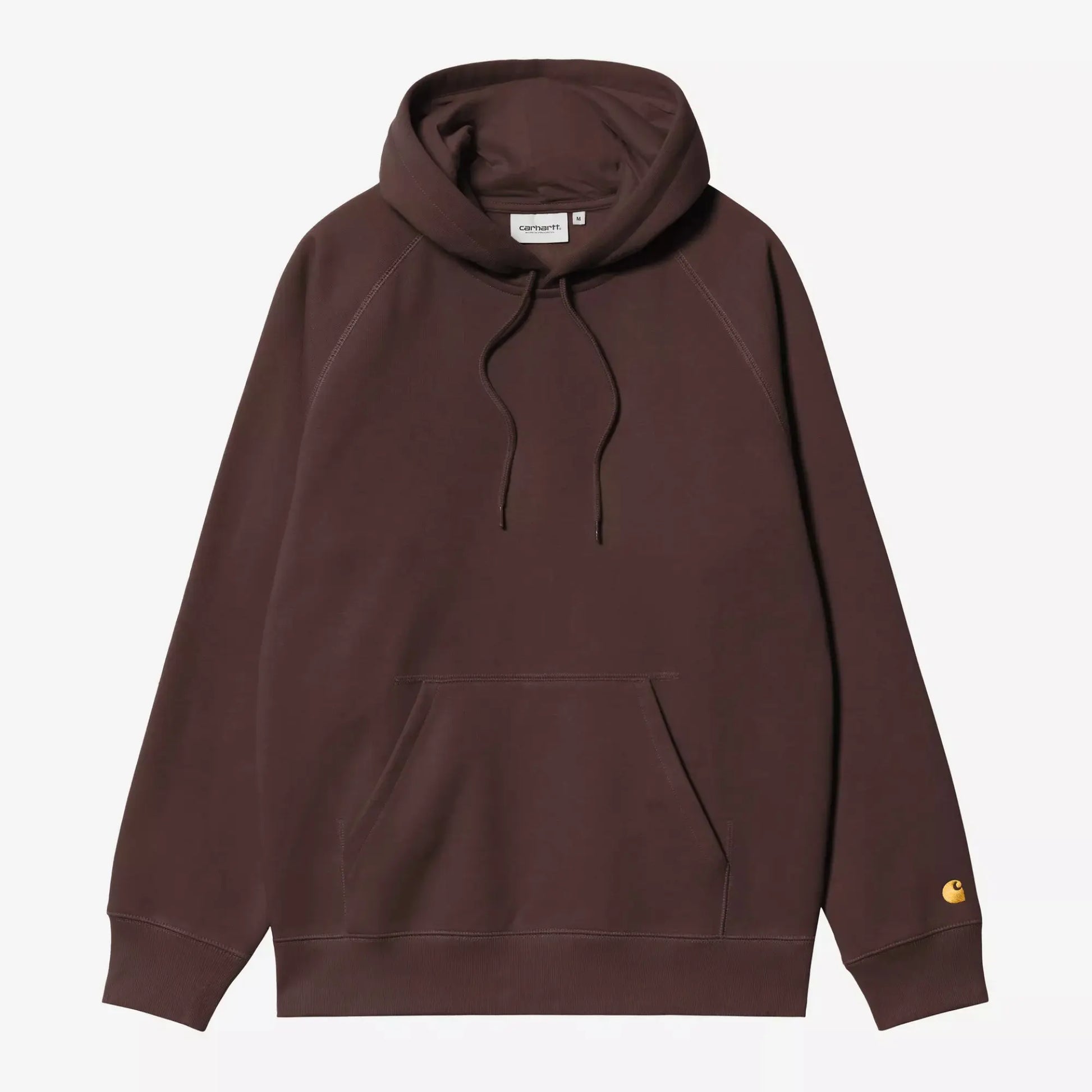 Sweat à capuche Carhartt WIP Chase Palisander brun bordeaux, vue de face à plat avec le « C » doré brodé sur le poignet