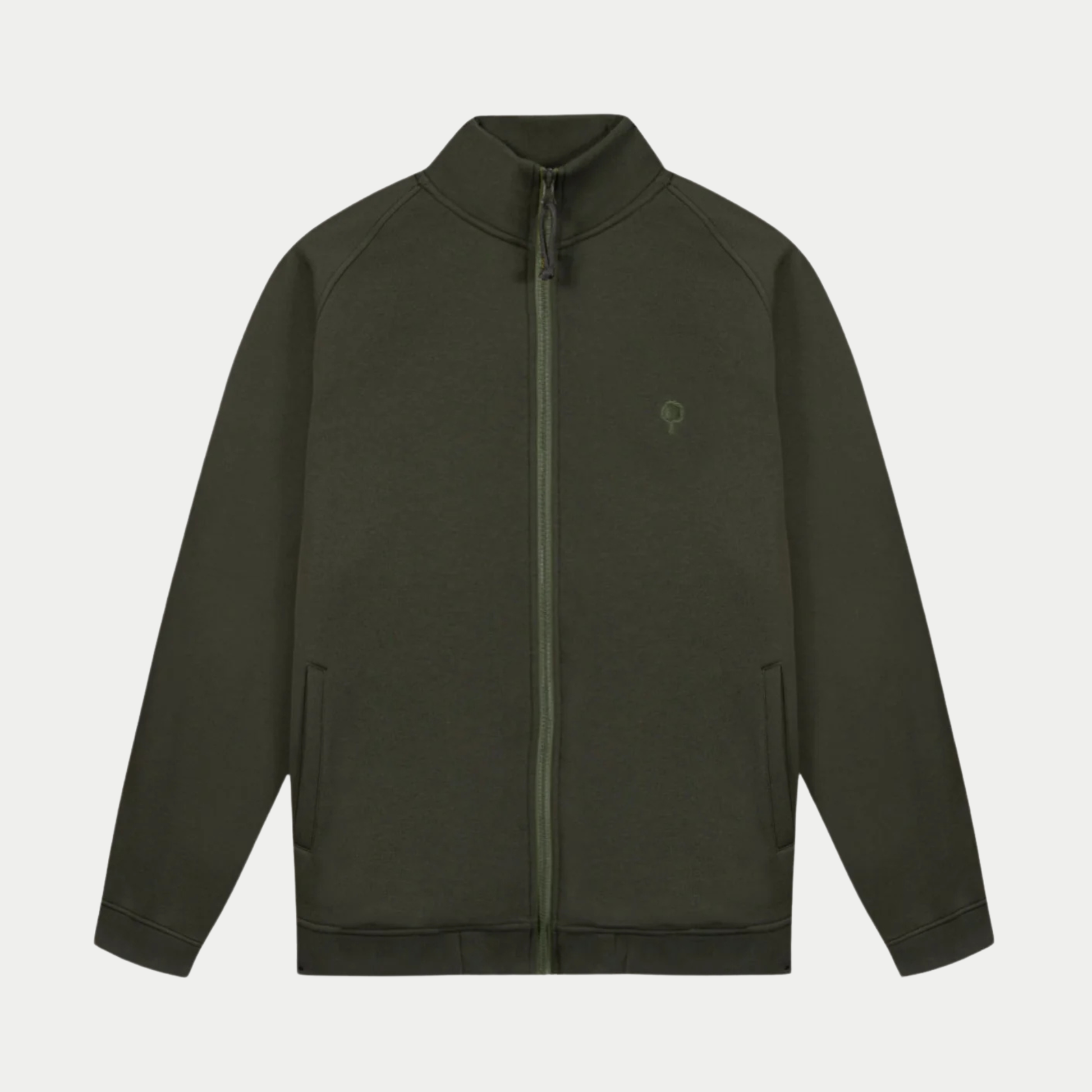 Sweat zippé Horte kaki Faguo, packshot de face : col montant, zip bicolore et broderie arbre ton sur ton