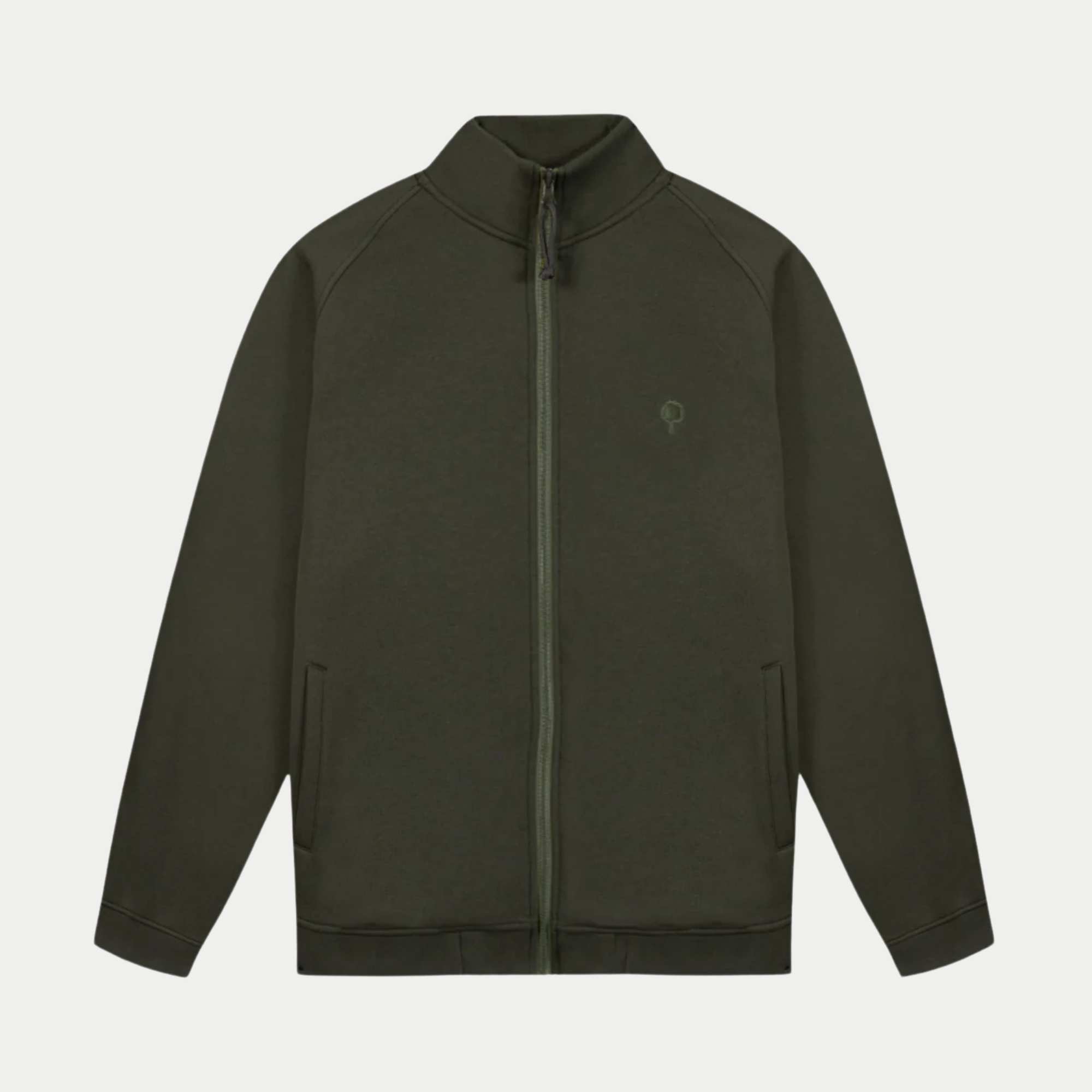 Sweat zippé Horte kaki Faguo, packshot de face : col montant, zip bicolore et broderie arbre ton sur ton