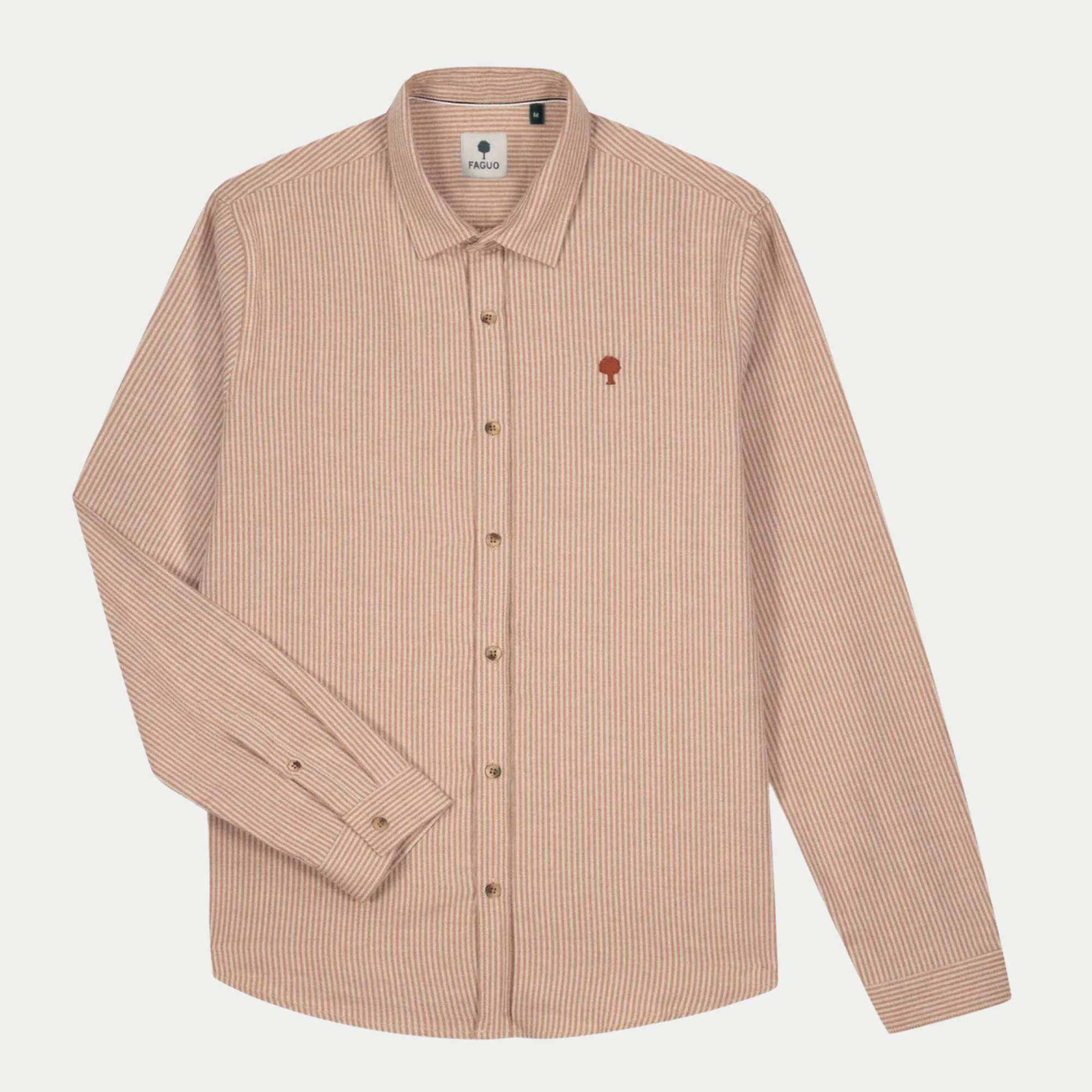 Chemise Iraty Faguo à fines rayures crème et beige rosé, vue à plat de face, manche gauche repliée
