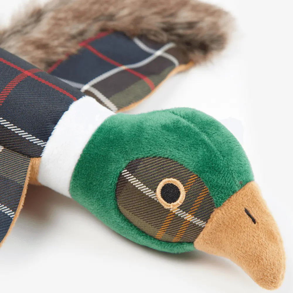Détail de la tête verte du jouet faisan Barbour : œil brodé, bec camel et collier blanc