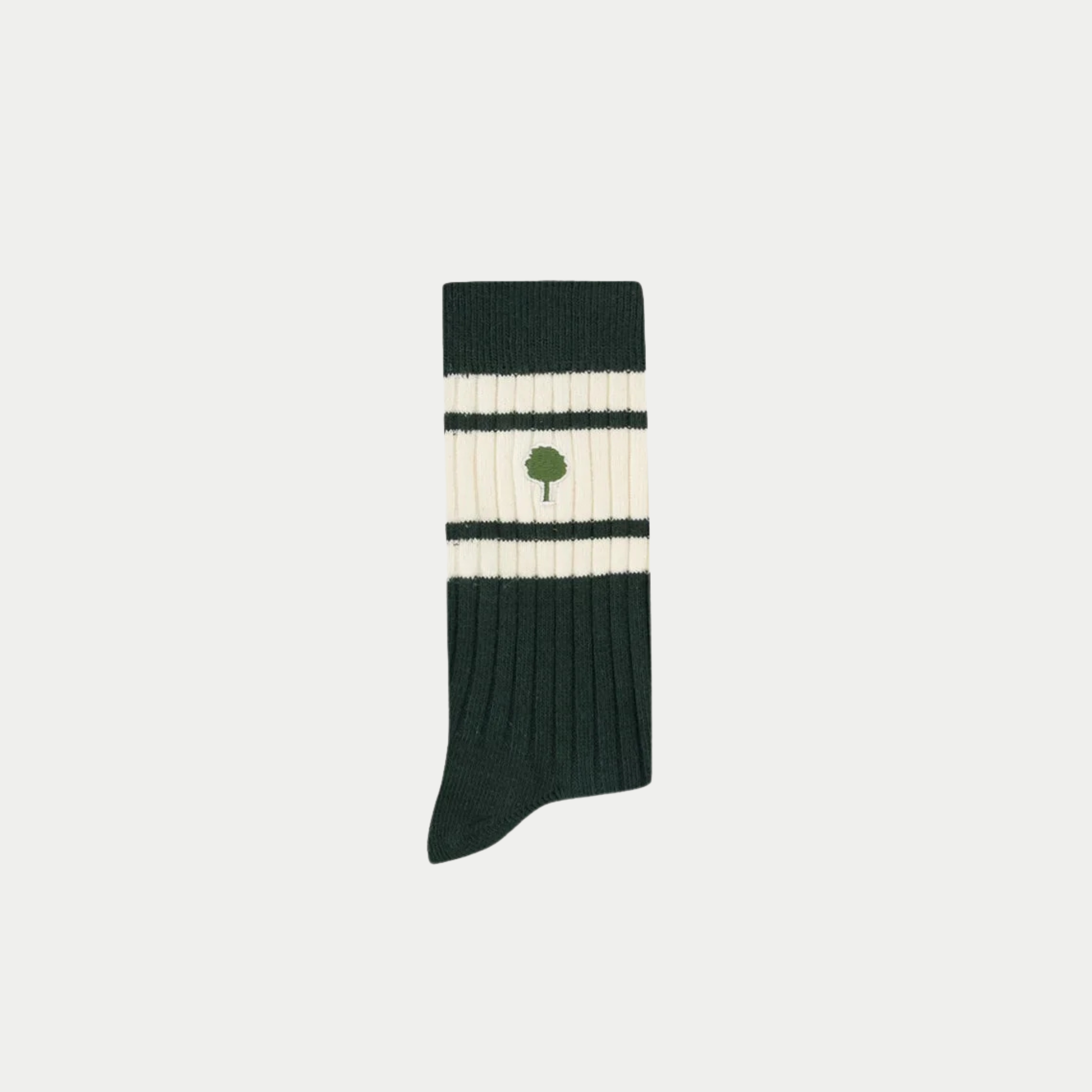 Chaussette Faguo vert foncé à deux bandes écru sur la tige, tricot côtes et broderie arbre verte
