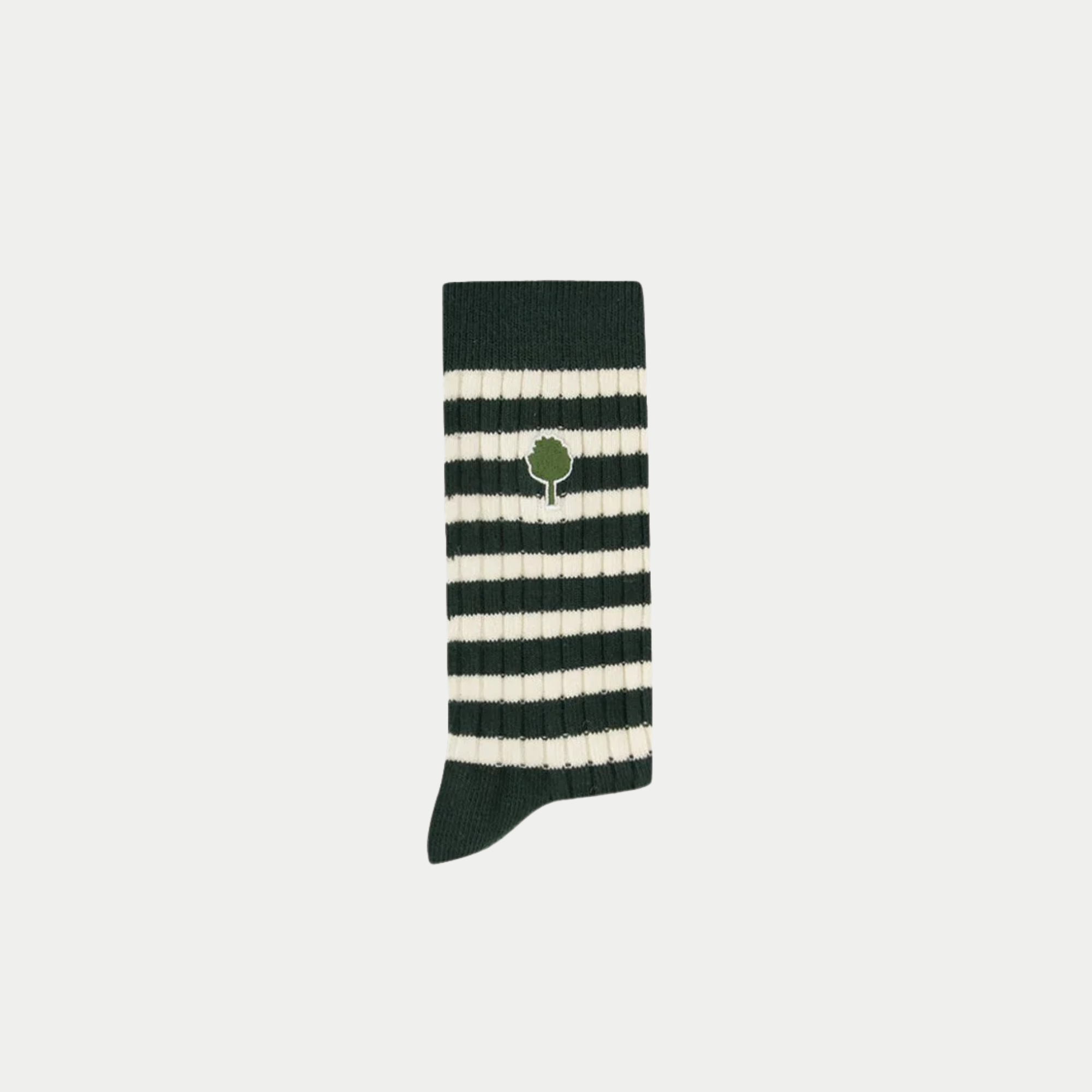 Chaussette Faguo à larges rayures vert foncé et écru, tricot côtes, broderie arbre sur la tige