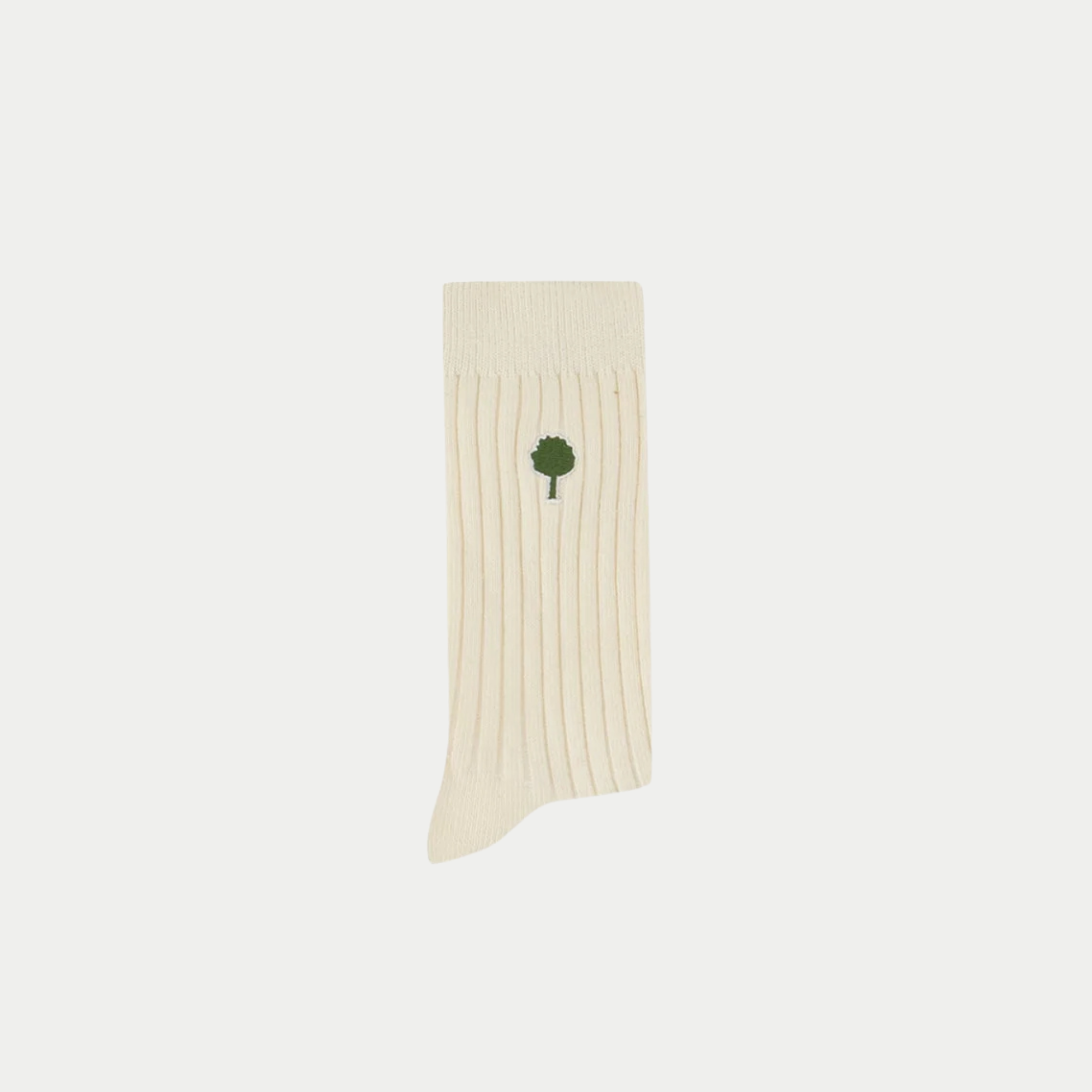 Chaussette Faguo écru unie en tricot côtes, broderie arbre vert foncé sur la tige