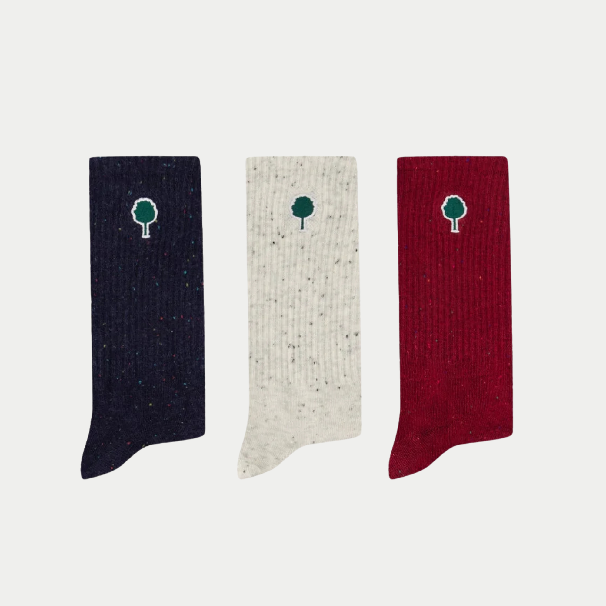 Pack de 3 paires de chaussettes Faguo à plat : une bleu marine, une écru, une rouge, en tricot côtes moucheté