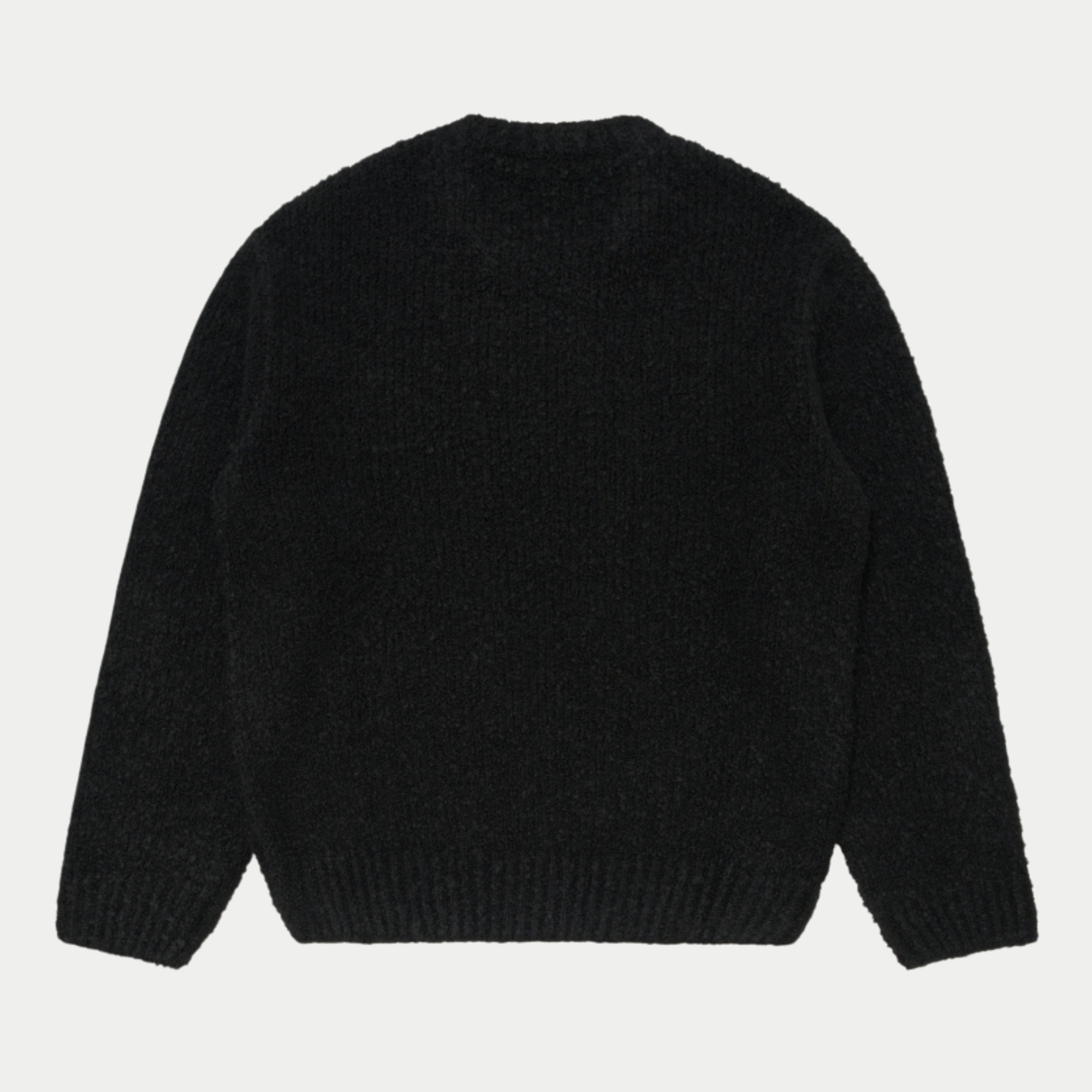 Pull Dun Edwin noir vu de dos à plat, dos uni en maille bouclette et bord-côte inférieur