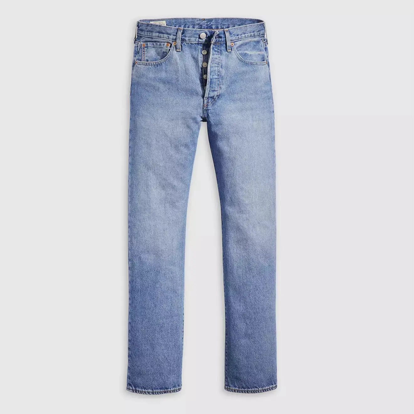 Jean Levi's 501 Original Chemicals, denim bleu moyen délavé, vue à plat face avant, braguette boutonnée et montage 5 poches