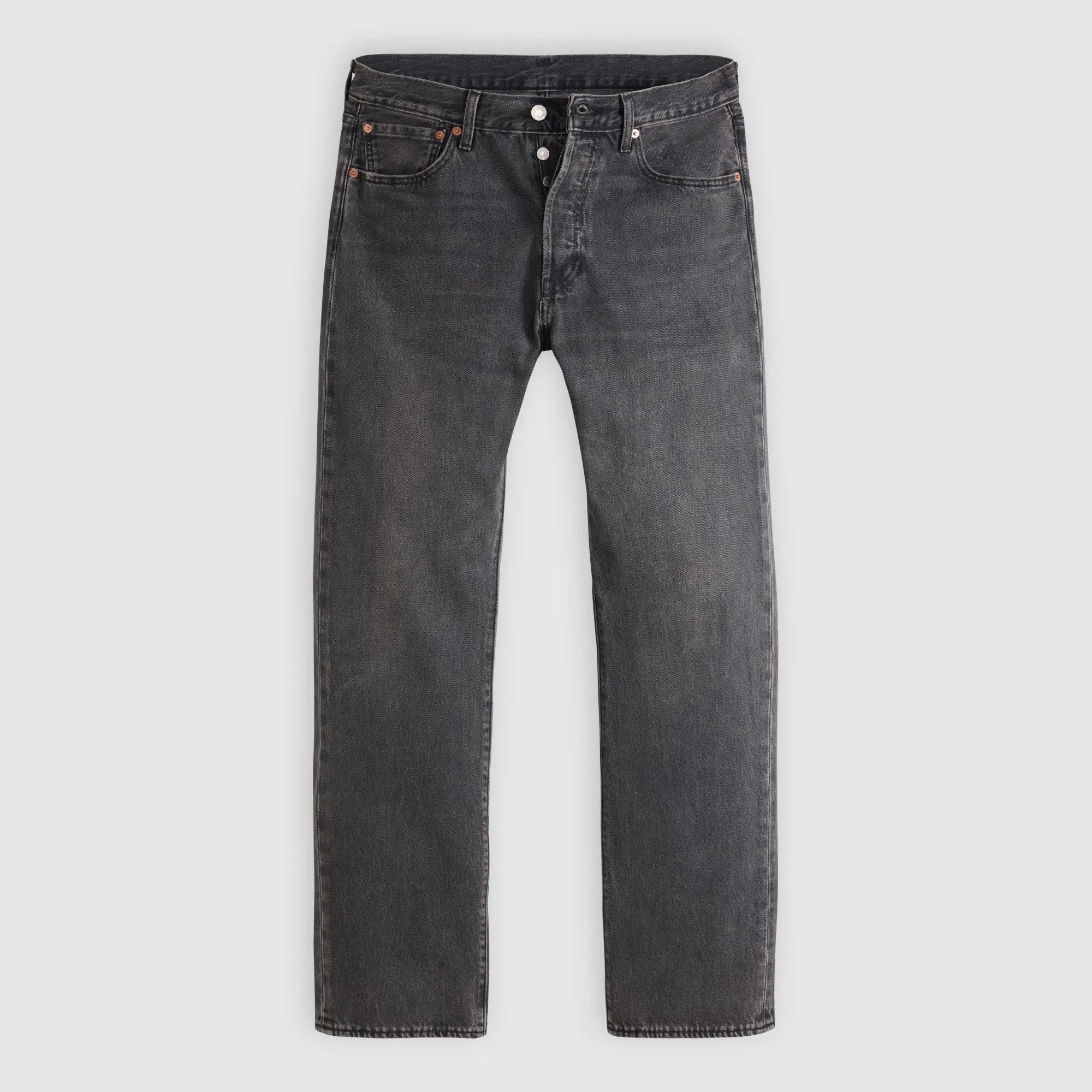 Jean Levi's 501 Original Oak Nights, denim gris délavé, vue à plat de face avec braguette boutonnée