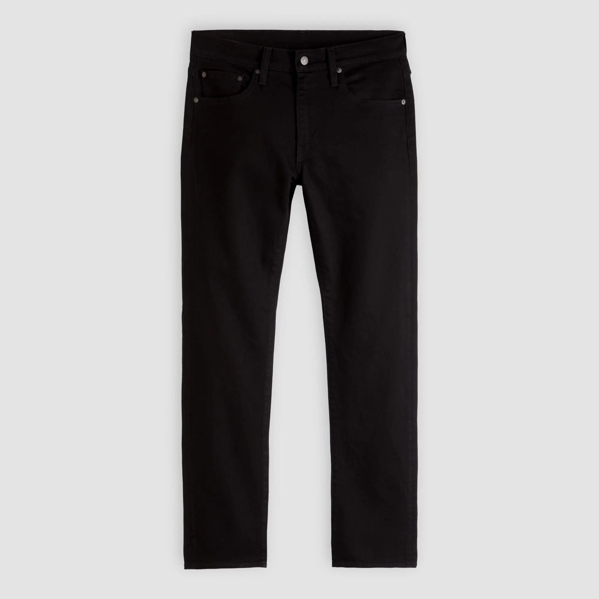Jean Levi's 502 Taper Sta-Dark Black à plat, vue de face : taille, braguette zippée et cinq poches
