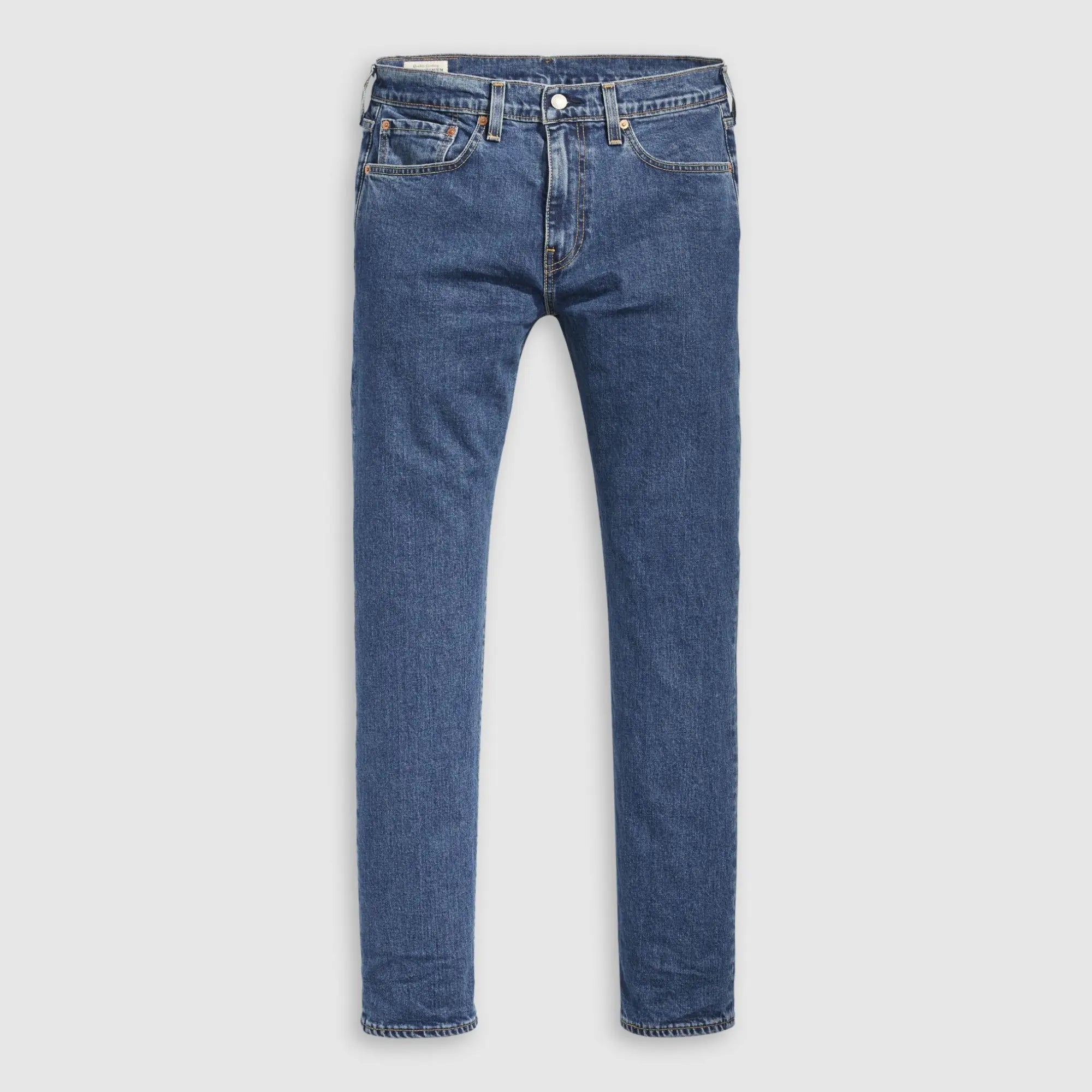 Jean Levi's 502 Taper Stonewash Stretch à plat de face : denim bleu moyen délavé, coupe fuselée, cinq poches