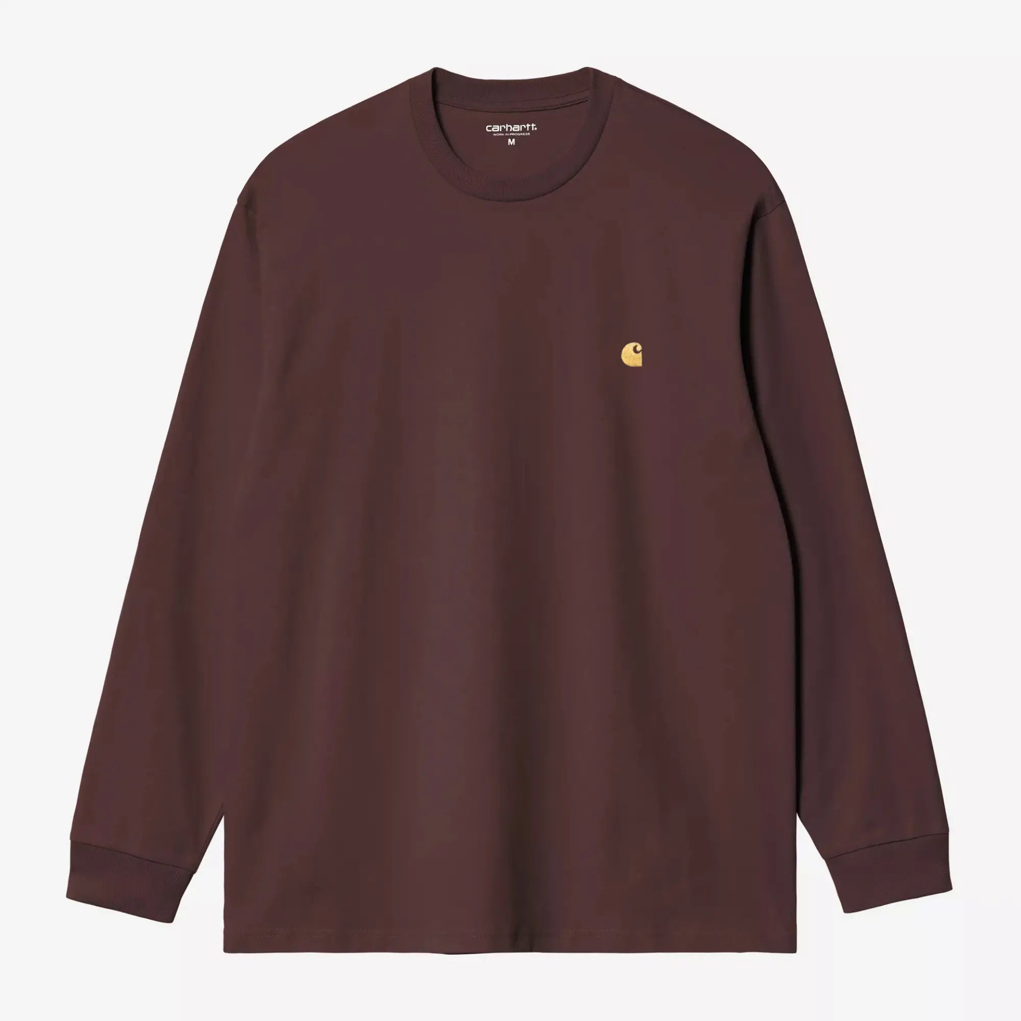 T-shirt manches longues Chase Palisander brun bordeaux à plat de face, logo C brodé doré sur la poitrine - Carhartt WIP