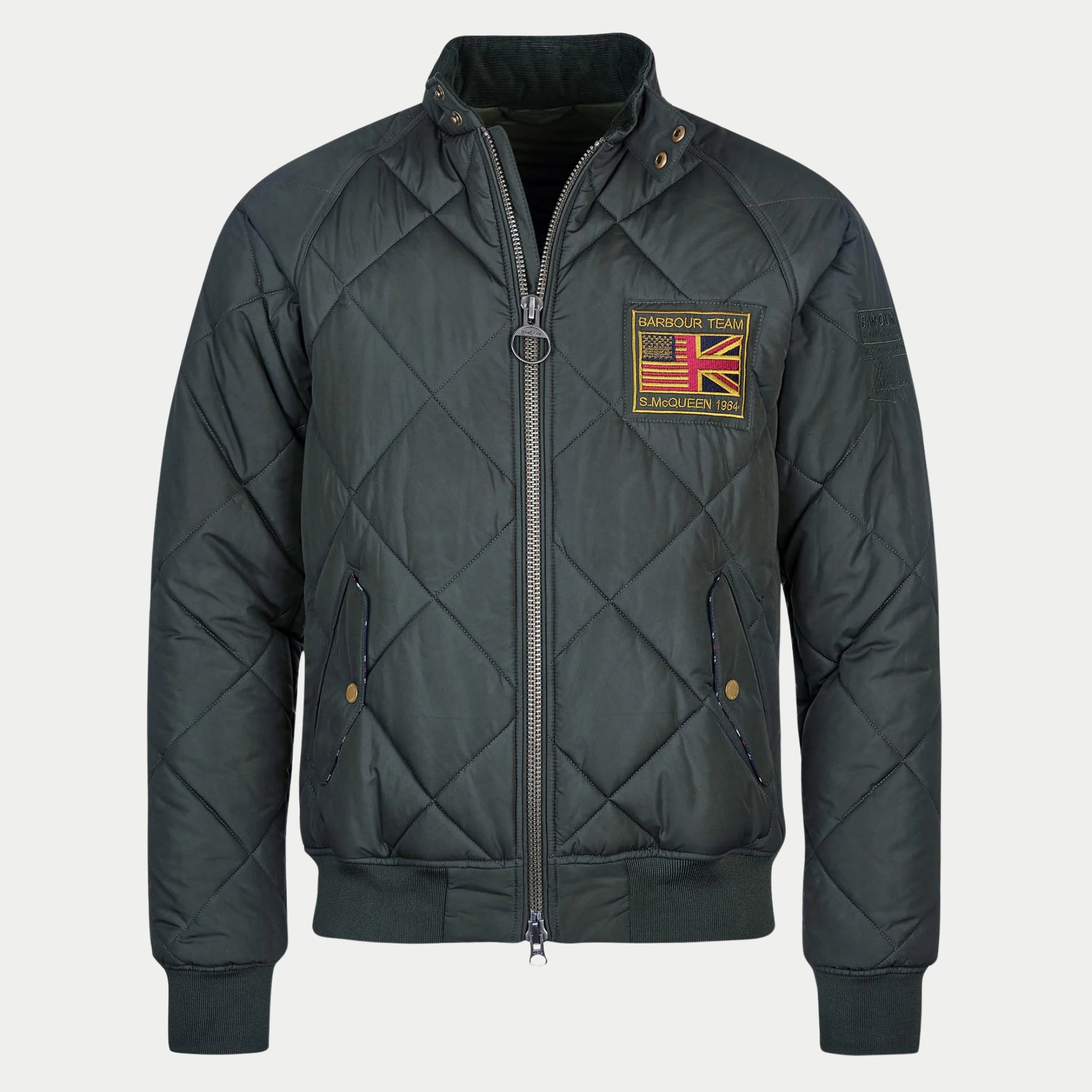 Blouson matelassé Merchant Sage Barbour International de face, matelassage losange et écusson Steve McQueen 1964