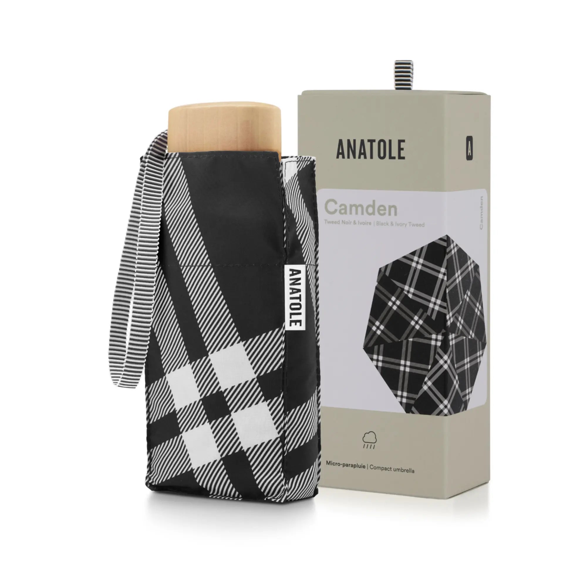 MINI PARAPLUIE - CARREAUX TWEED NOIR - CAMDEN
