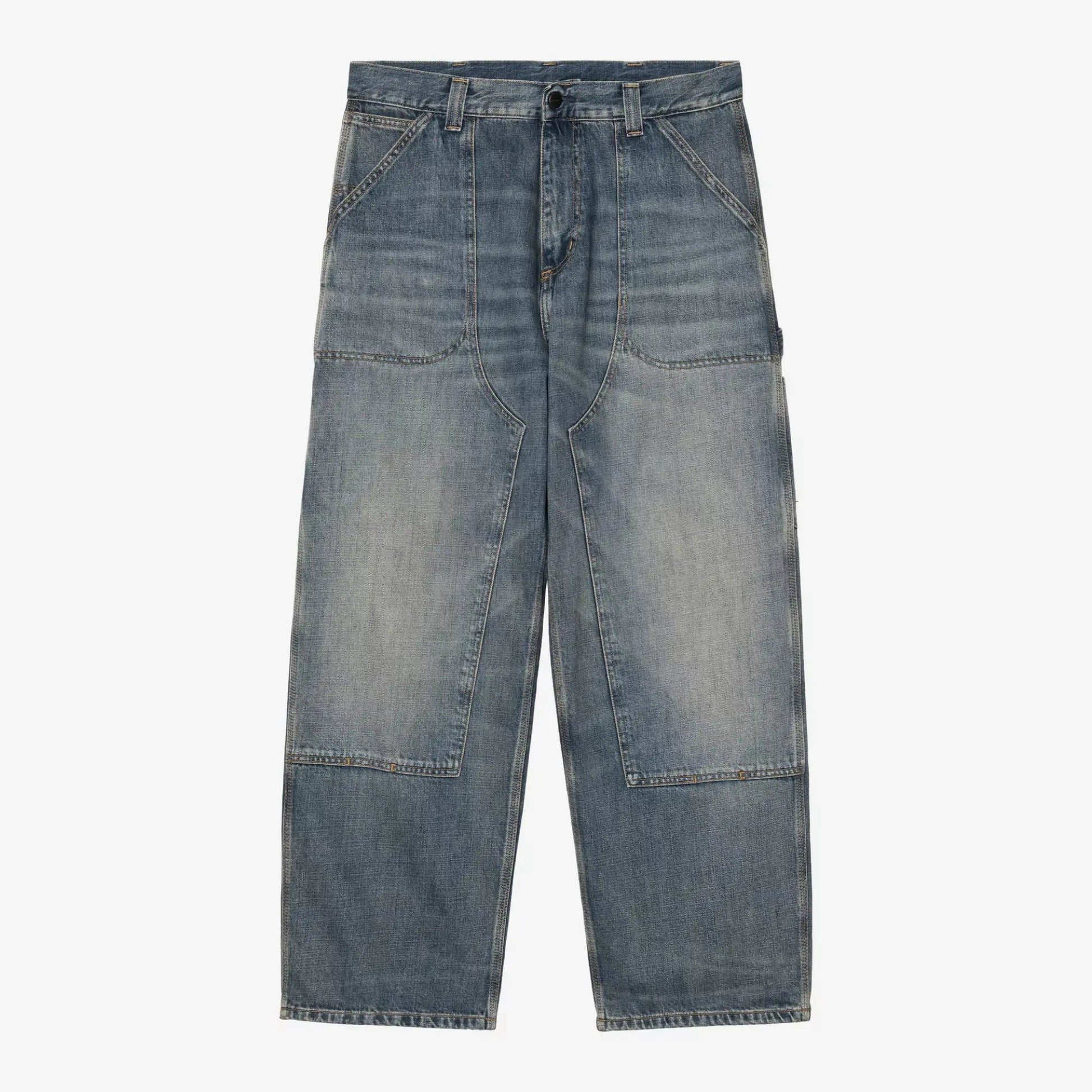 Jean Oakland Carhartt WIP Blue Worn Used Wash, vue de face à plat : double épaisseur aux genoux et boucle porte-marteau