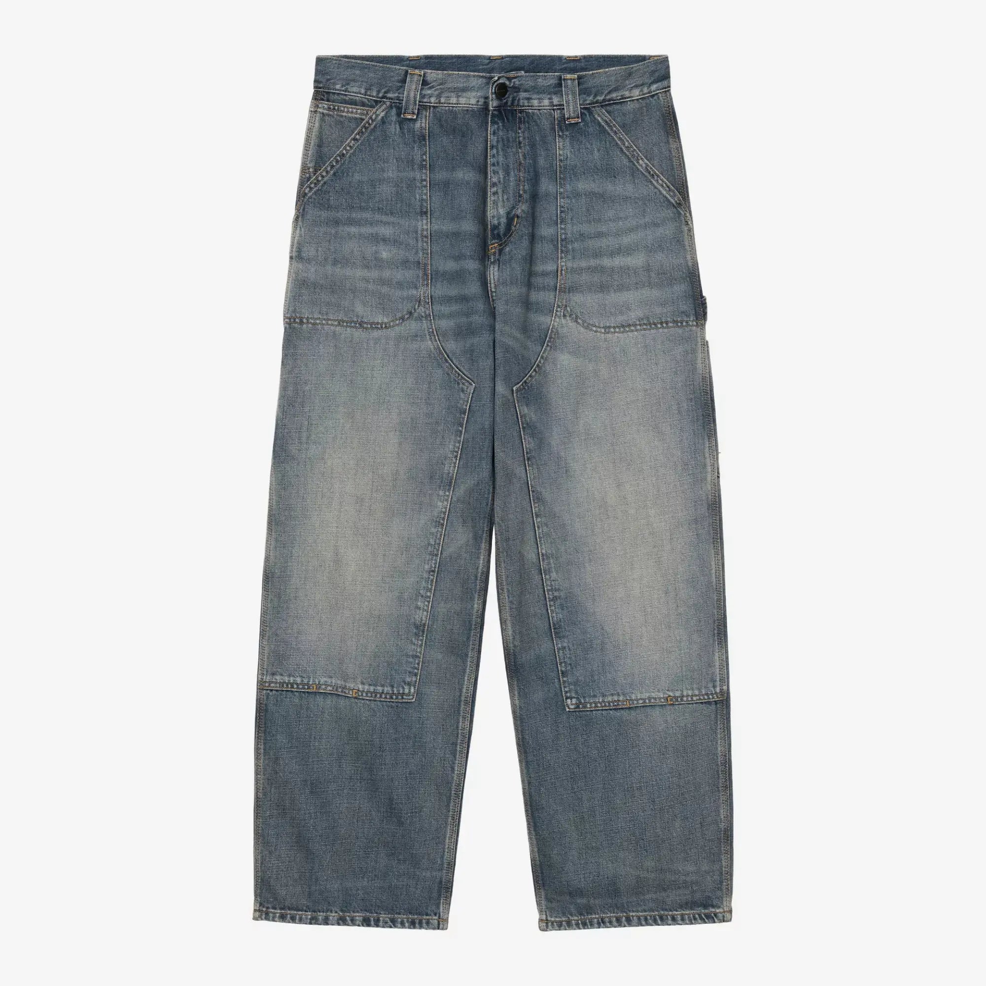 Jean Oakland Carhartt WIP Blue Worn Used Wash, vue de face à plat : double épaisseur aux genoux et boucle porte-marteau
