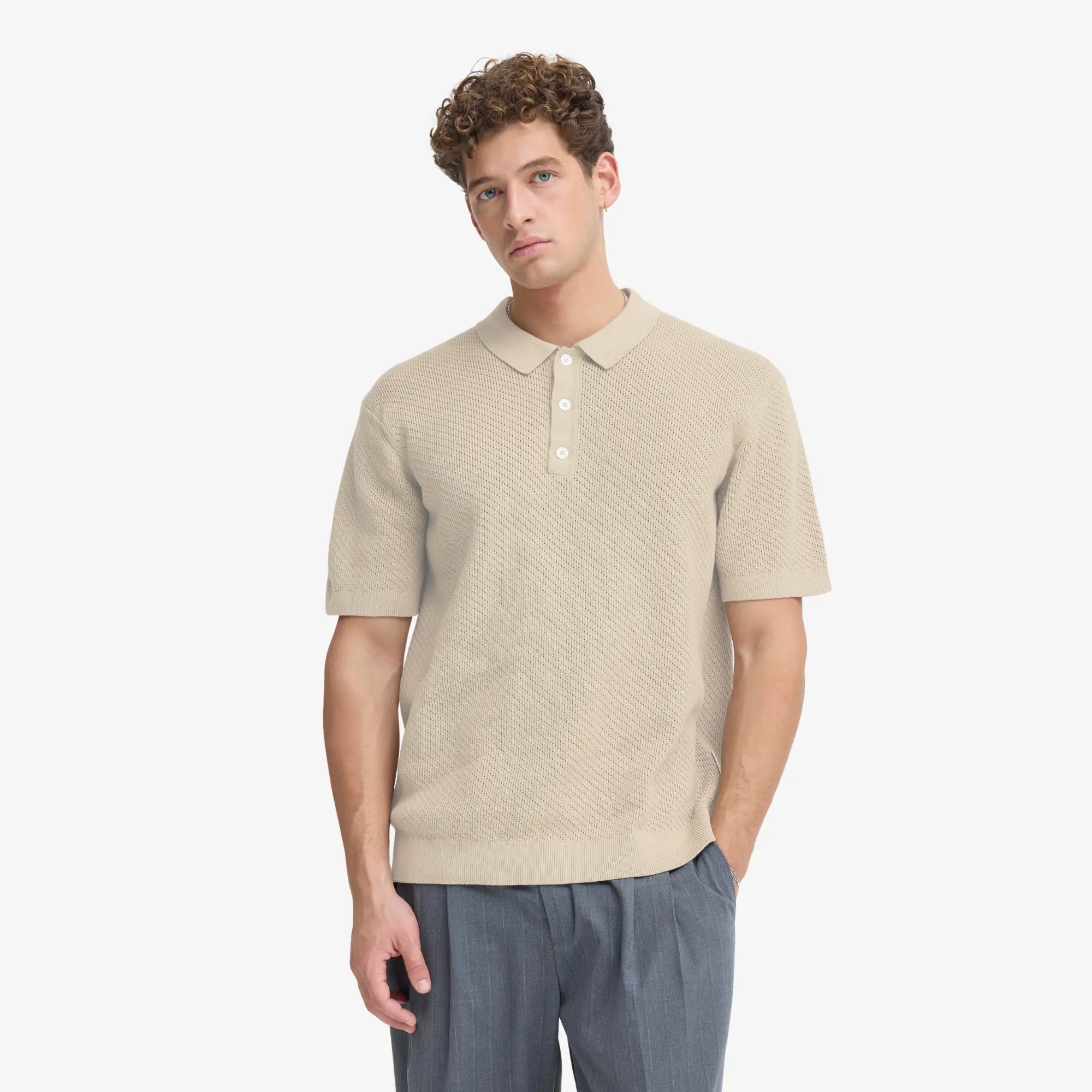 POLO MAILLE PERFORÉE - BEIGE