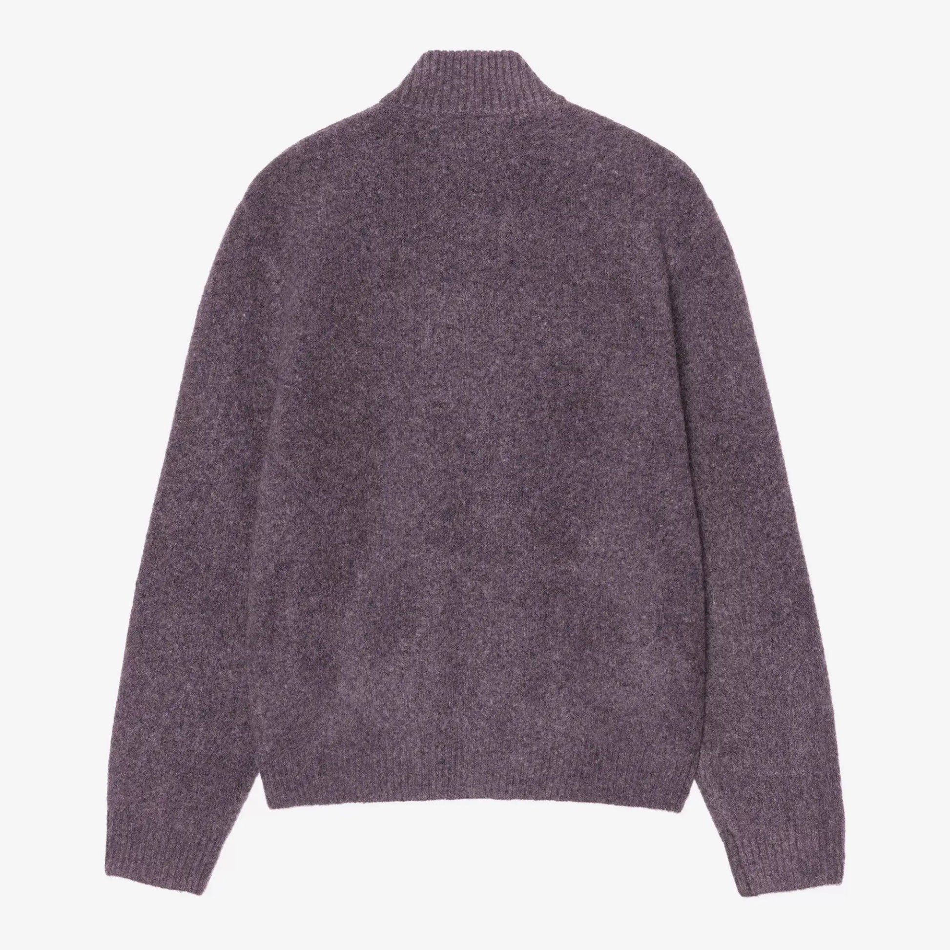 Cardigan zippé Curtis Shady Purple Carhartt WIP à plat de dos, maille duveteuse violet prune chinée unie, bas et poignets côtelés