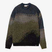 Pull Tinley Carhartt WIP à plat : maille brossée à dégradé bleu marine, gris, kaki et noir, col rond côtelé