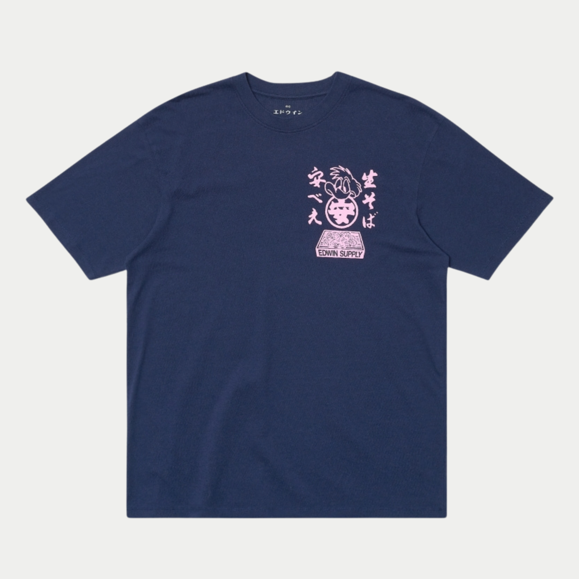 T-shirt Soba Yasubé Edwin bleu marine, vue de face à plat, imprimé rose livreur de soba sur la poitrine