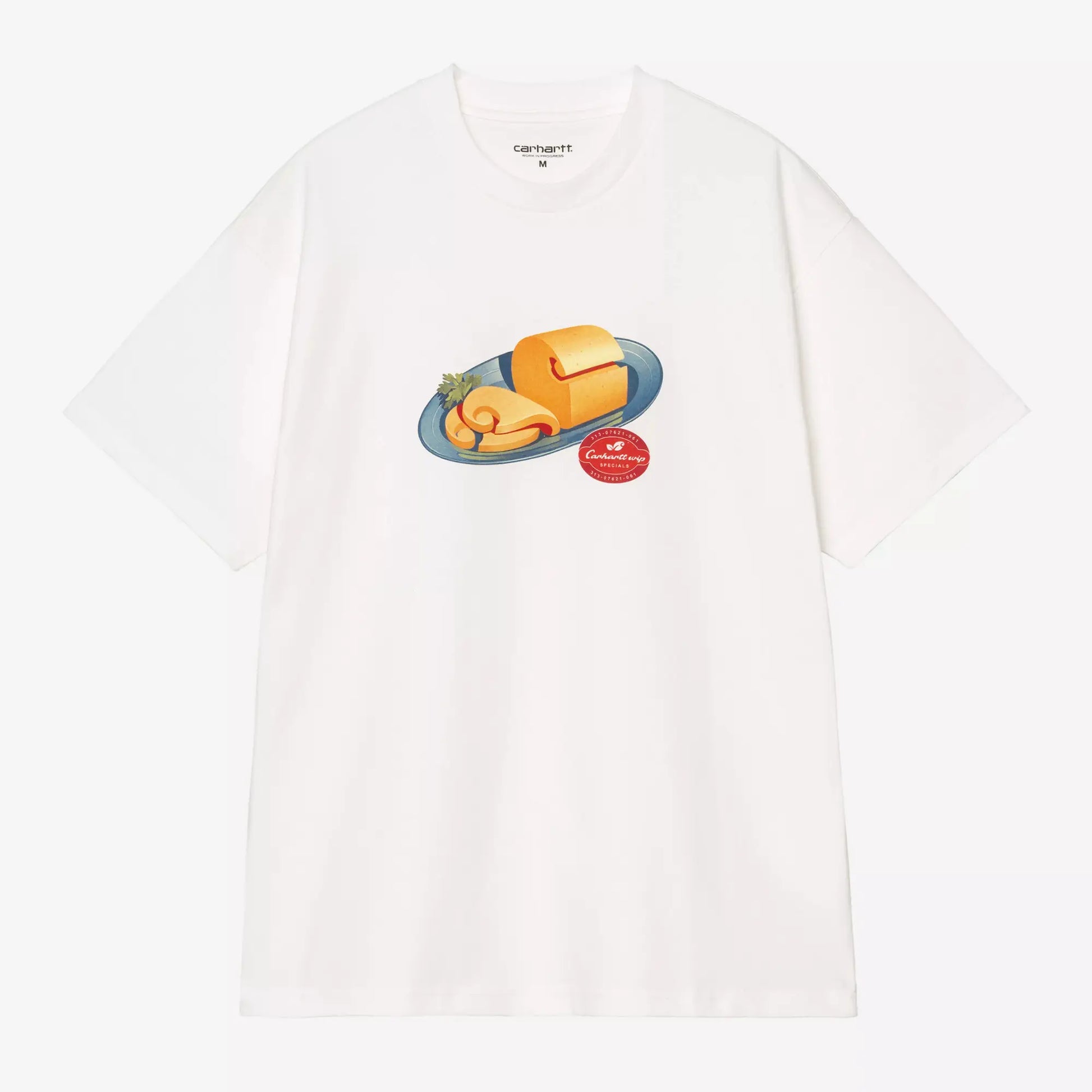 T-shirt Fromage blanc Carhartt WIP à plat, face : imprimé assiette de fromage et pastille rouge Specials sur la poitrine